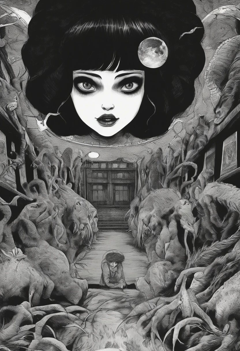junji ito style, horror manga, black and white, one page manga style layout, no talking bubbles, yokai girl, super creepy, screaming gils who has a crazy eyes and huge mouth and super long black hair, grotesque, disgusting, bloody, terrifying, dynamic manga layout, horror, Junji Ito