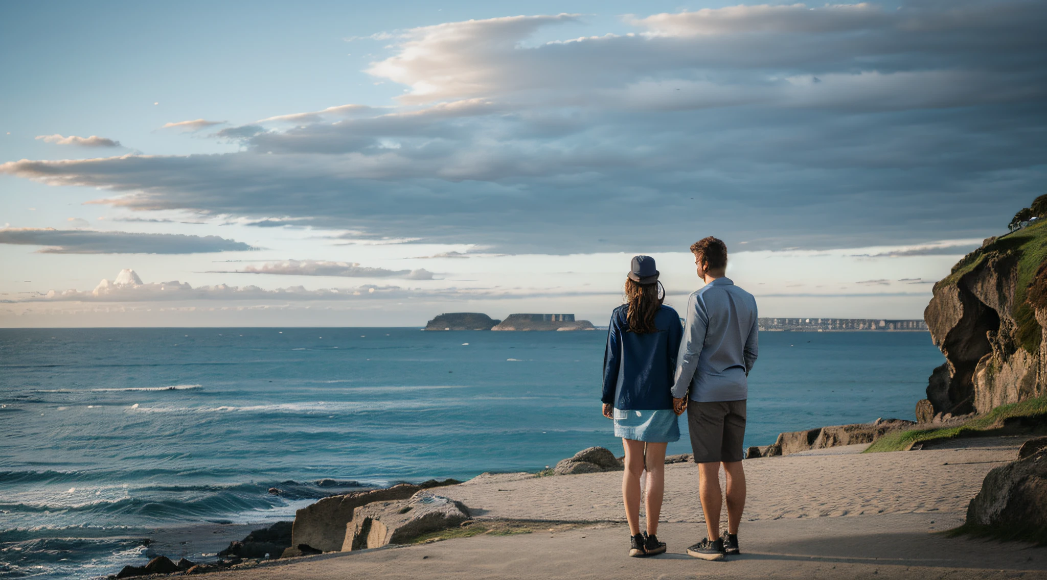 Couple watching the sea by the sea with giant stones