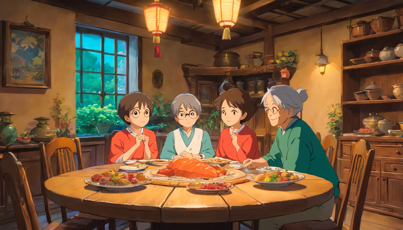 A house,A round table,delicacies,the night