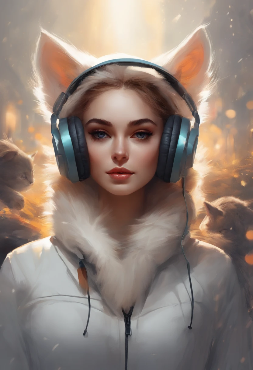Perfect centering, Cute kittens everywhere, Wear a student jacket, Wearing sunglasses, Wearing headphones, Standing position, Abstract beauty, Centered, Looking at the camera, Facing the camera, Approaching perfection, Dynamic, Moonlight, Highly detailed, Digital Painting, art stations, concept-art, Smooth, Sharp Focus, 8K, hight resolution, Illustration, art by carne griffiths and wadim kashin, White background