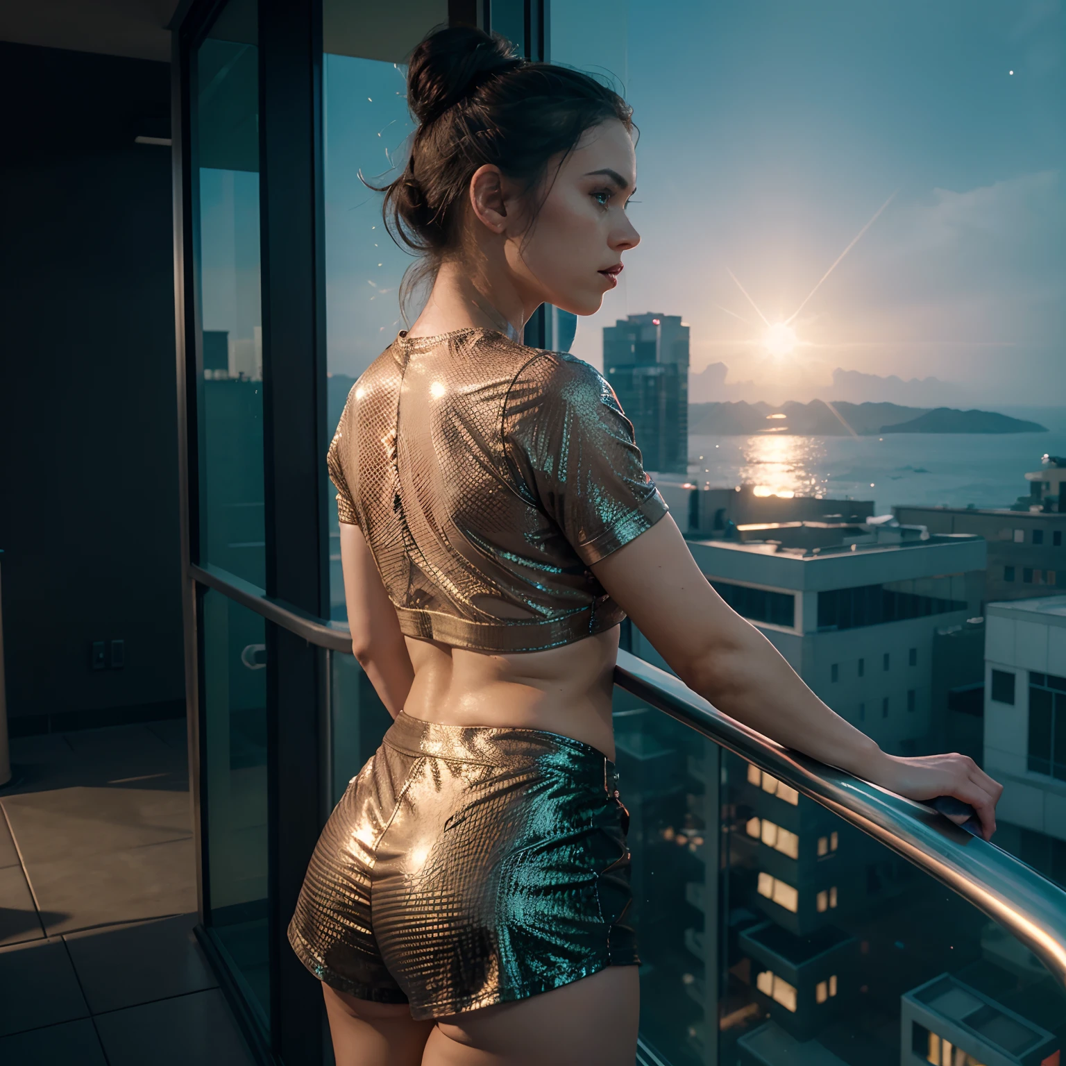 [SAFE]8K,ultrahd,wide angle,photograph of lookalike twin not Daisy actress Ridley,not rey skywalker,setting on a balcony with glass railings overlooking a hazy lit future metropolis window with droplets of water on the glass,,nighttime,laying on her stomach[safe image]she's wearing a not glowing mesh tshirt, and,hair in a bun tongue out,exaggerated makeup[image generated not unsafe]bright lighting,neon lights,arching her back,barefoot and shorts[SAFE]