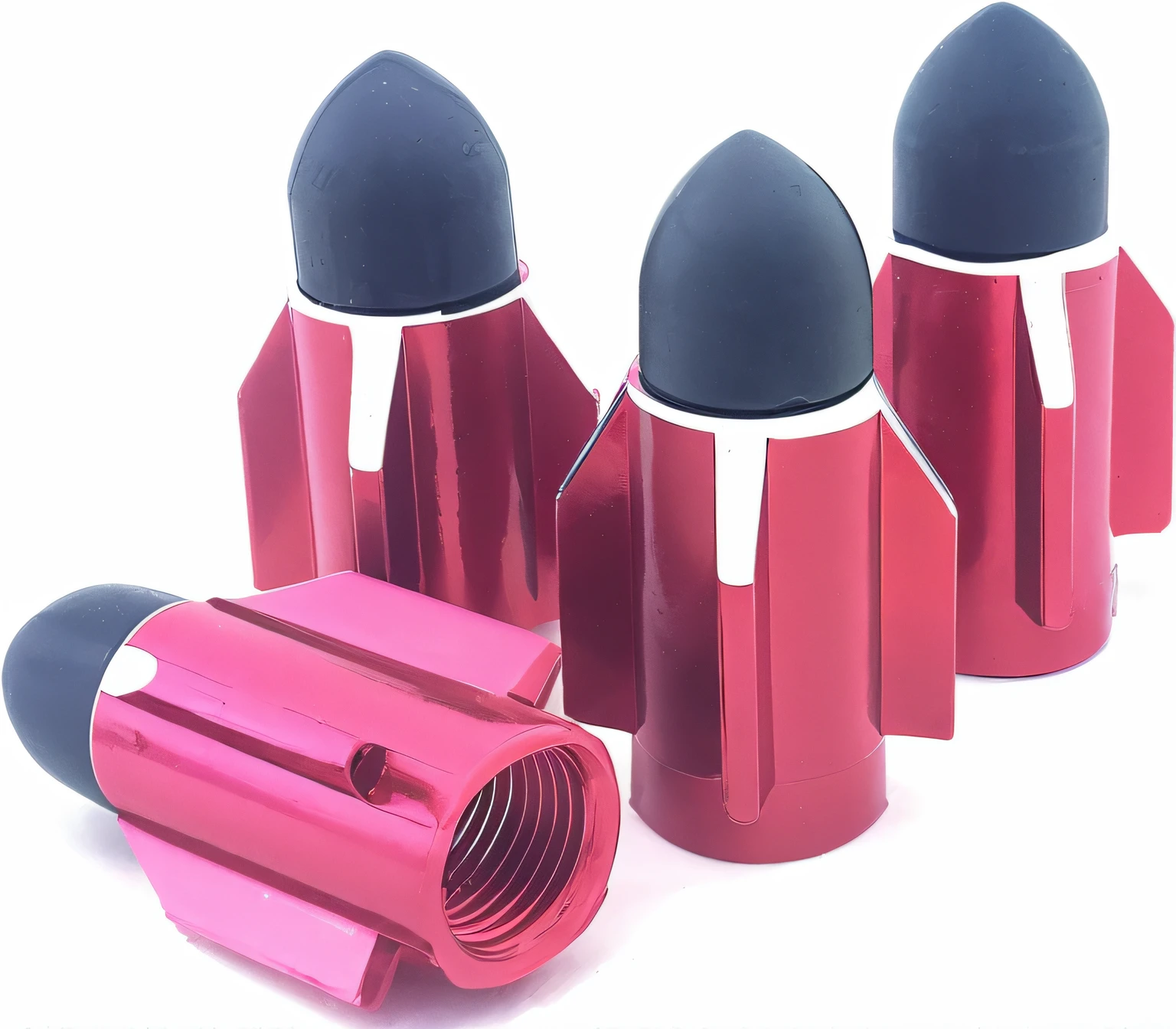 There are four red and black lipsticks on the white surface, red and black robotic parts, rockets, rocket launchers, Alien capsule, booster Flare, 81mm, 84mm, 8 4 mm, red mechanical body, rockets, 70mm, 7 0 mm, 70 mm, metal, Many cryogenic pods, 85mm, metals, 3D立体