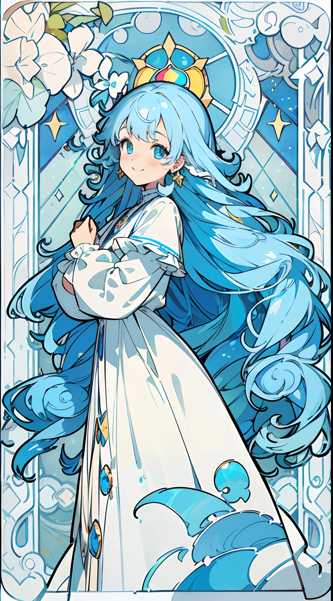 (The skin is not exposed, Long sleeve blouse with ruffles), (Solo), Very cute girl (1), Colorful arched stained glass on background, classic, sunlight shining through, ((Super long blue hair,  Curled hair tips, Earring Color)), (Super smile), Dynamism, (Blue eyes), (kirakira) (Detail Objects)