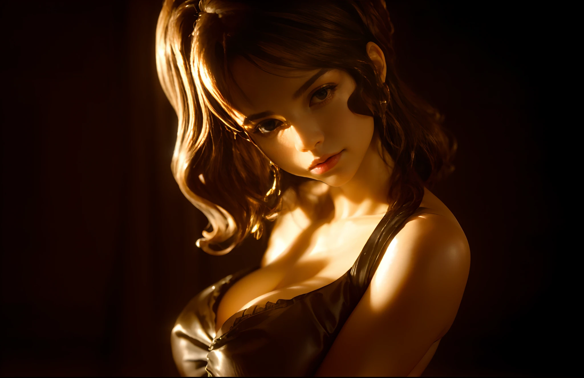 Woman in black dress, Natural hair, close up bust shot, Soft lighting, bustshot, highly detailed soft lighting, Close-up bust shots of movies, cinematic bust shot, ( highly detailed figure ), detailed high contrast lighting, seductive tifa lockhart portrait, Chiaroscuro Soft Lighting, 7 0 mm. Dramatic Lighting