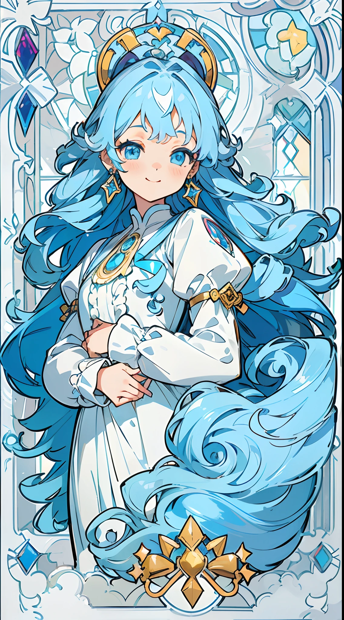 (The skin is not exposed, Long sleeve blouse with ruffles), (Solo), Very cute girl (1), Colorful arched stained glass on background, classic, sunlight shining through, ((Super long blue hair, Curled hair tips, Earring Color)), (Super smile), Dynamism, (Blue eyes), (kirakira) (Detail Objects)