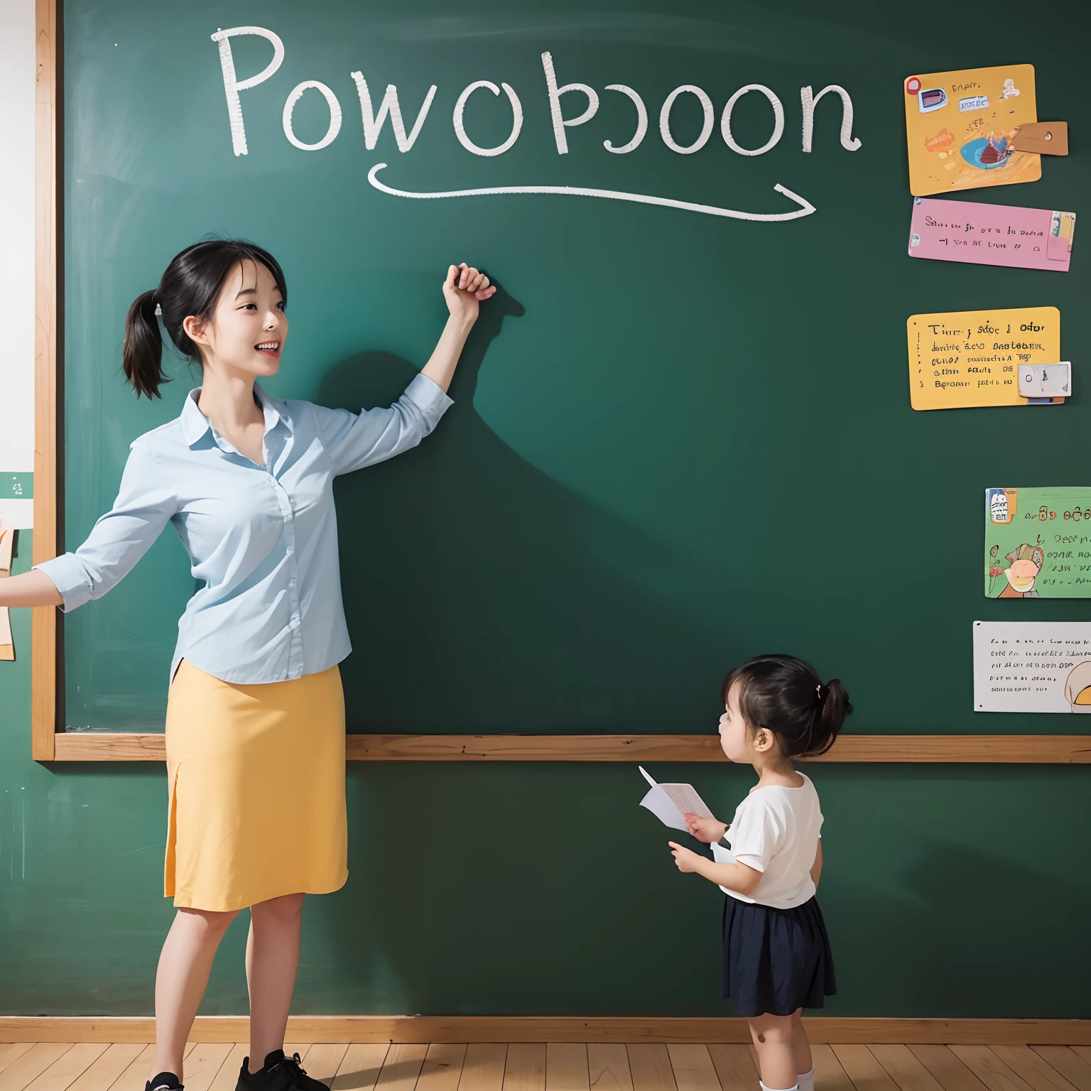 Picture book cartoon hand-drawn style,An English teacher teaches children to learn in front of the blackboard,The blackboard says "power up",