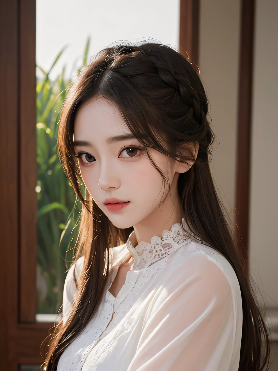 masterpiece、The highest image quality、hightquality、Beautuful Women、japanes、Popular Korean Makeup、detaileds、Swollen eyes、A detailed eye、Detailed skin、Beautiful skins、超A high resolution、(Realistis:1.4)、very extremely beautiful、Slightly younger face、Beautiful skins、Thin、(A hyper-realistic)、(illustratio)、(hight resolution)、(8K)、(ighly detailed)(The best illustrations)、(beautifully detailed eyes)、(ultra-detailliert)、(wall-paper)、(详细的脸)、looking at the viewers、fine detailed、 A detailed face、pureerosfaceace_v1、A smile、Looking straight ahead、Looking straight ahead、angle from waist up、photos realistic、Bright lighting、profetional lighting、A dark-haired(Some greenery)、length hair、French braid、Dark ruins、Big Red Moon、gothic costume