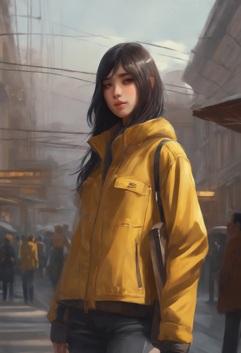 A girl, yellow jacket, hands in pockets, staring at another person, long black hair, heterochromic eyes, heterochromic eyes, heterochromic pupils, 8k resolution, very detailed, anatomically correct, digital painting, concept art, Makoto Shinkai style, clear picture,