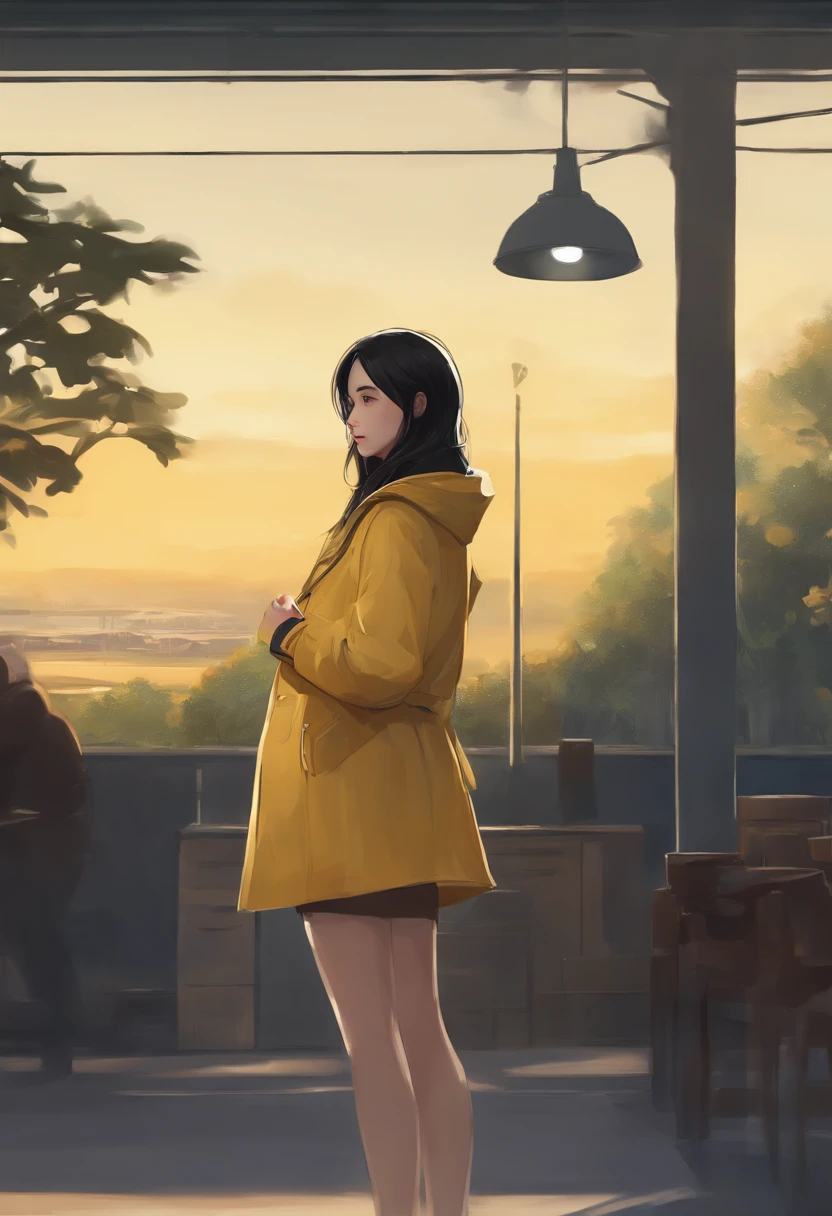 A girl, yellow jacket, hands in pockets, staring at another person, long black hair, heterochromic eyes, heterochromic eyes, heterochromic pupils, 8k resolution, very detailed, anatomically correct, digital painting, concept art, Makoto Shinkai style, clear picture,