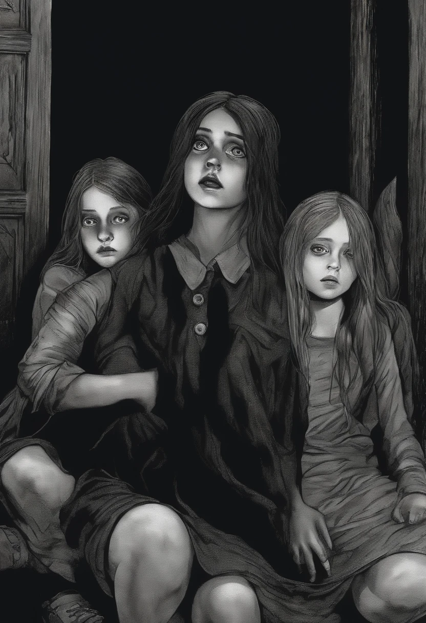horror,junji ito style,3 girls bullying a boy,extremely detailed eyes and face,creepy atmosphere,dark shadows,menacing expressions,ominous background,haunting scene,vibrant colors,sharp focus,psychological terror,distorted faces,tortured emotions,grim visage,nightmarish imagery,macabre details,disturbingly realistic,uncanny realism,illustrative style,highly detailed textures,dark and twisted,emotionally intense,unsettling narrative,dreary setting,gloomy lighting,terrifying ordeal,bullying dynamic,intimidating postures,hostile environment,sinister aura,foreboding presence,uneasy tension,supernatural elements,spooky atmosphere,creepy ambiance,hauntingly beautiful,morbid fascination, psychological suffering