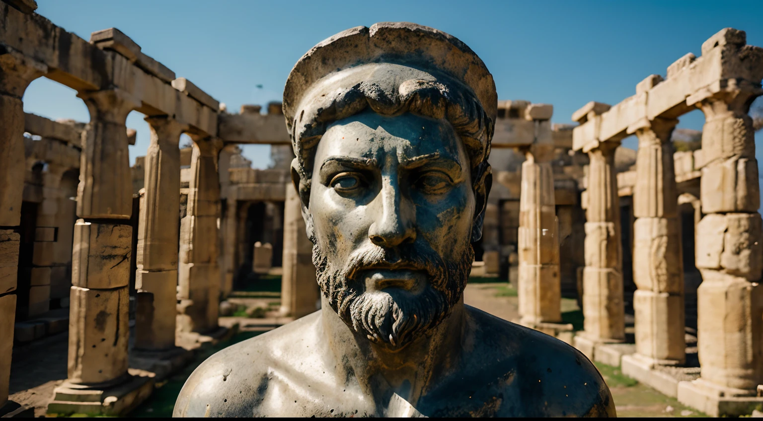 Ancient Stoic Statue With Very Angry Expression, tem barba, muitos detalhes em ambos os olhos, Outside, fundo atenas grego, open sky, com rosto extremamente detalhado full body view, Colors with low saturation with dark tone, Filmado em Sony A7S III com Sony FE 35mm f/1.8, 12.1 MP, --AR 3:2 --estilo cru