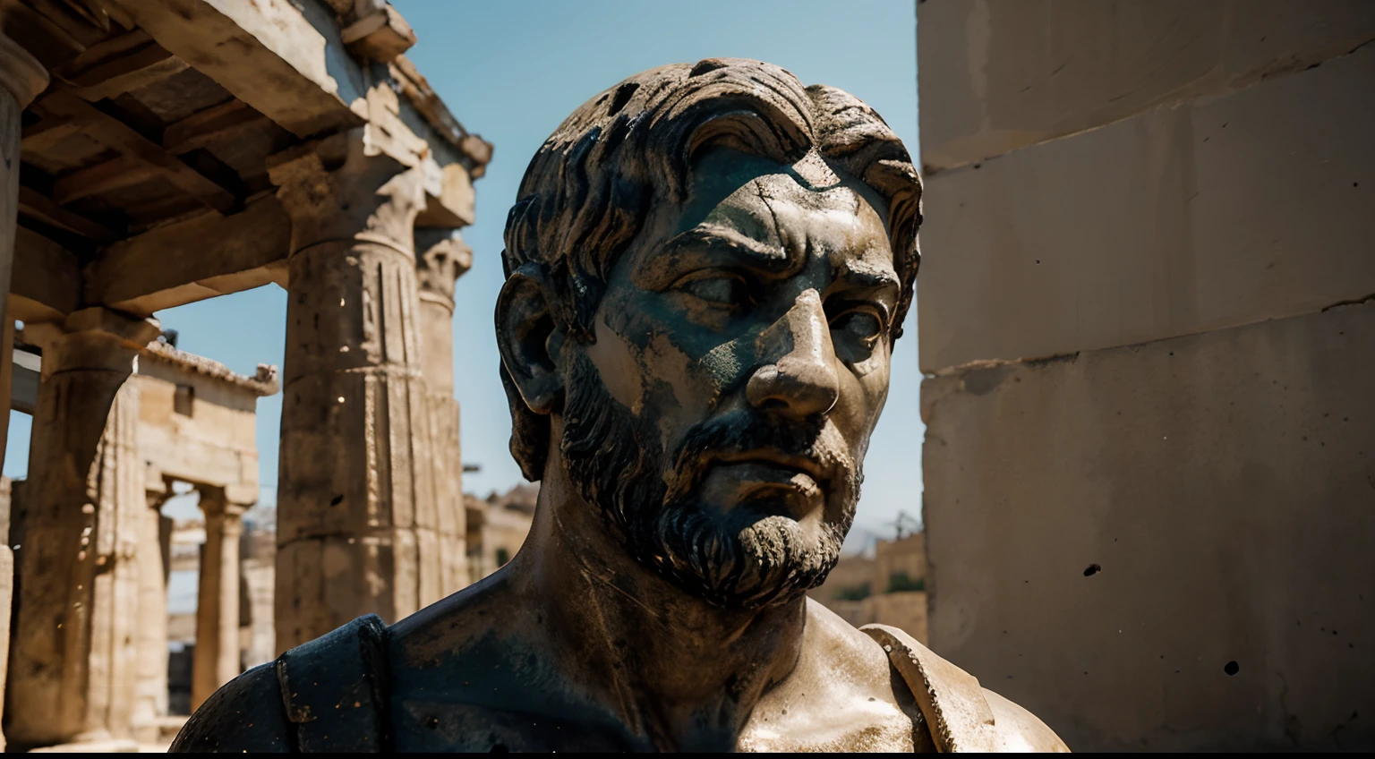 Ancient Stoic Statue With Very Angry Expression, tem barba, muitos detalhes em ambos os olhos, Outside, fundo atenas grego, open sky, com rosto extremamente detalhado full body view, Colors with low saturation with dark tone, Filmado em Sony A7S III com Sony FE 35mm f/1.8, 12.1 MP, --AR 3:2 --estilo cru