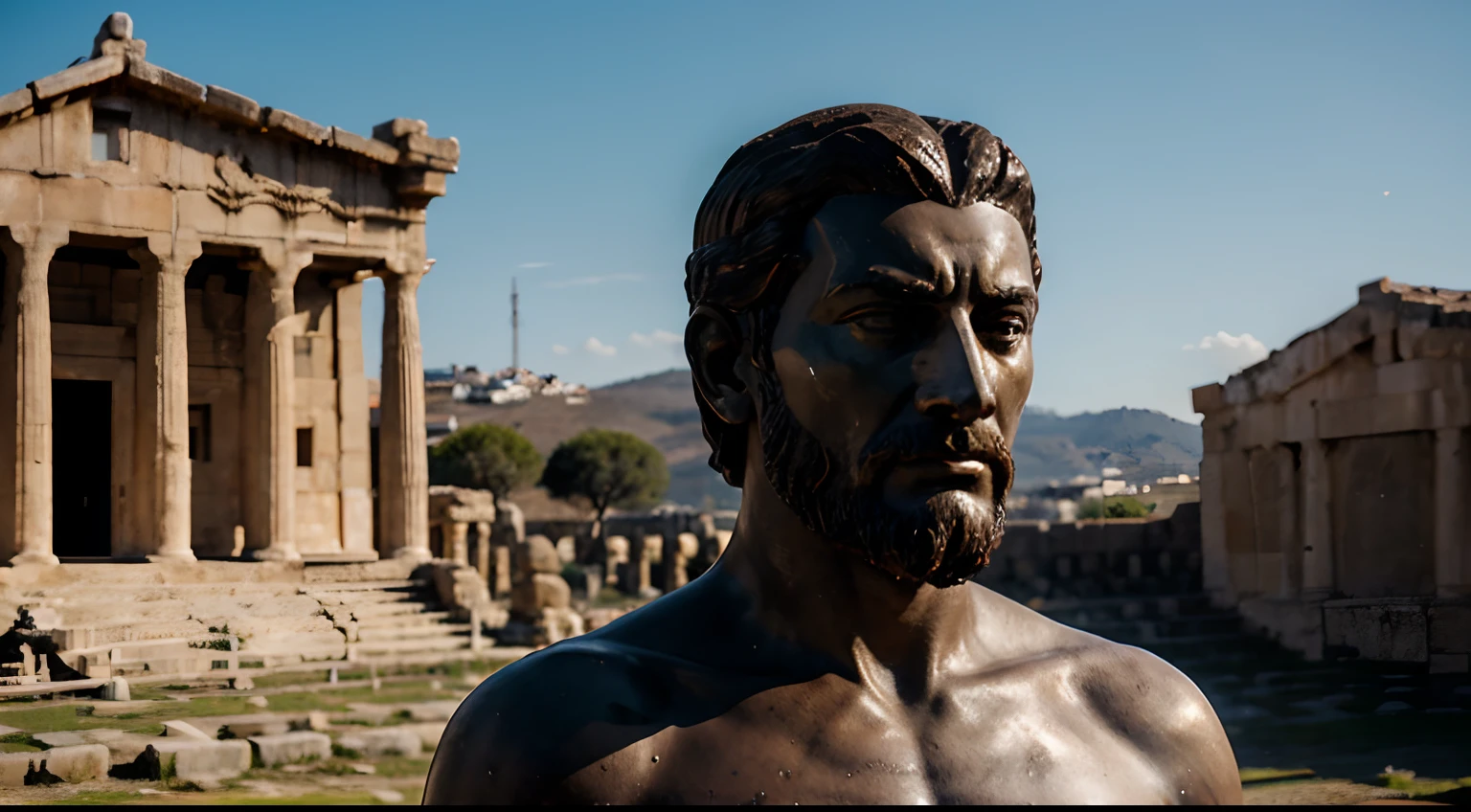 Ancient Stoic Statue With Very Angry Expression, tem barba, muitos detalhes em ambos os olhos, Outside, fundo atenas grego, open sky, com rosto extremamente detalhado full body view, Colors with low saturation with dark tone, Filmado em Sony A7S III com Sony FE 35mm f/1.8, 12.1 MP, --AR 3:2 --estilo cru