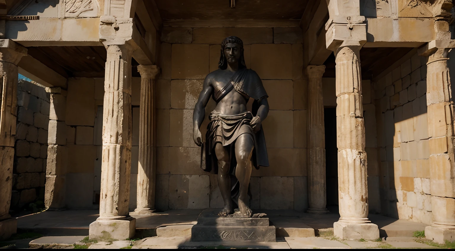 Ancient Stoic Statue With Very Angry Expression, tem barba, muitos detalhes em ambos os olhos, Outside, fundo atenas grego, open sky, com rosto extremamente detalhado full body view, Colors with low saturation with dark tone, Filmado em Sony A7S III com Sony FE 35mm f/1.8, 12.1 MP, --AR 3:2 --estilo cru
