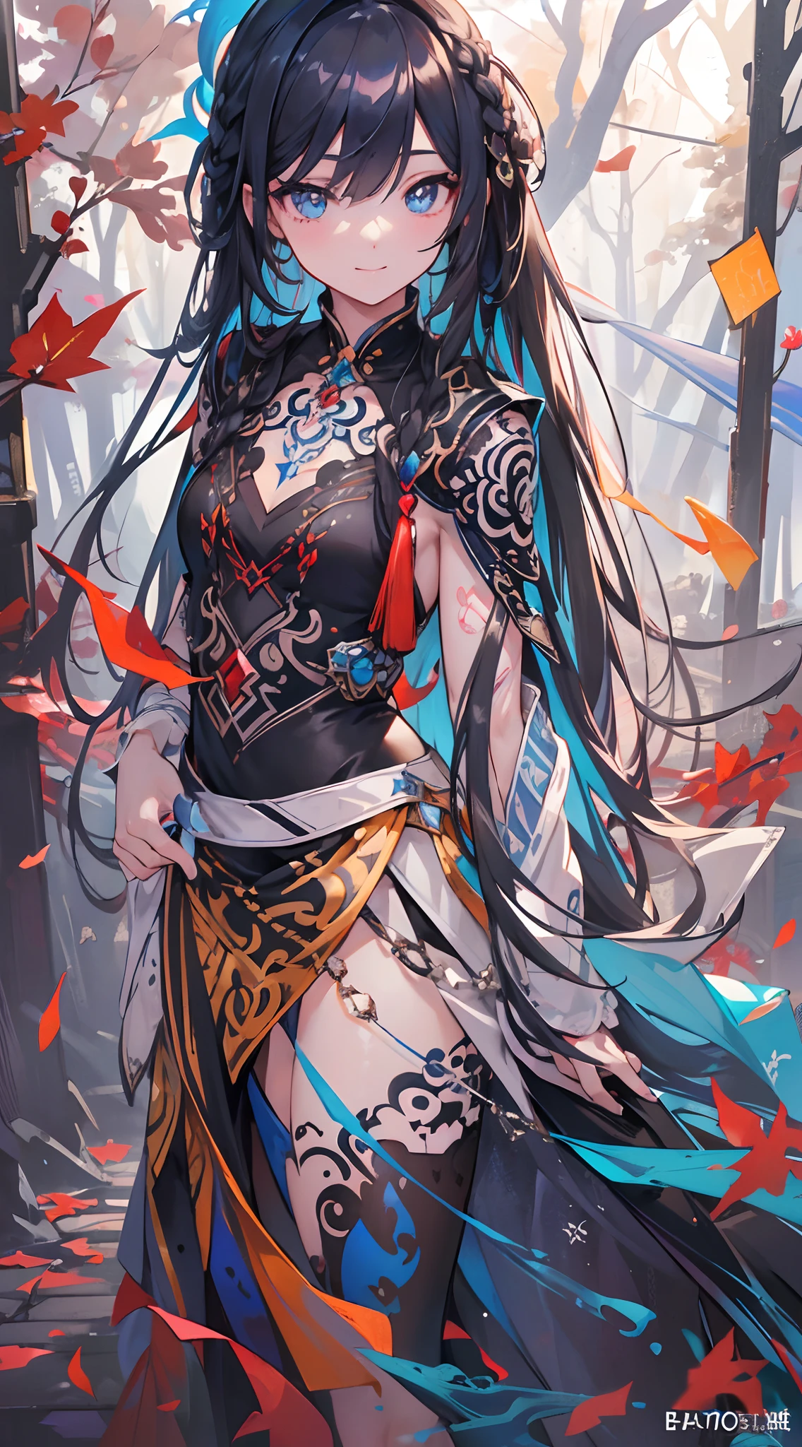 (Masterpiece, Best quality), 1girll, Solo, (pupils:1.15), 《with short black hair》, Long hair,Braided,White shiny bangs,Brown comb,Shiny hair, 《Bleak white complexion》,(Red fluorescent pattern), curtain, Student clothes,black short skirt, Black tights,aurora, (Sunshine,, River, forest,UHR), (luminous red eyes), ((Blue eyes blue)),(((A handsome young))), Very long hair ((Ink pattern:1.5)),Cross ed leg, highly intricate detail, Realistic light, Smile,Hyper-detailed intricate details,unreal-engine,fanciful,Complicated details,splash image,complementary colours,fantasy concept art,8K分辨率,A masterpiece of deviantart,Red deciduous leaves,Ink Phantom,bazaars,fansty world,background inside dark,Clean design,Epic Instagram,art stations,Colorful paint splashes,contours,,(chest muscle) --au
