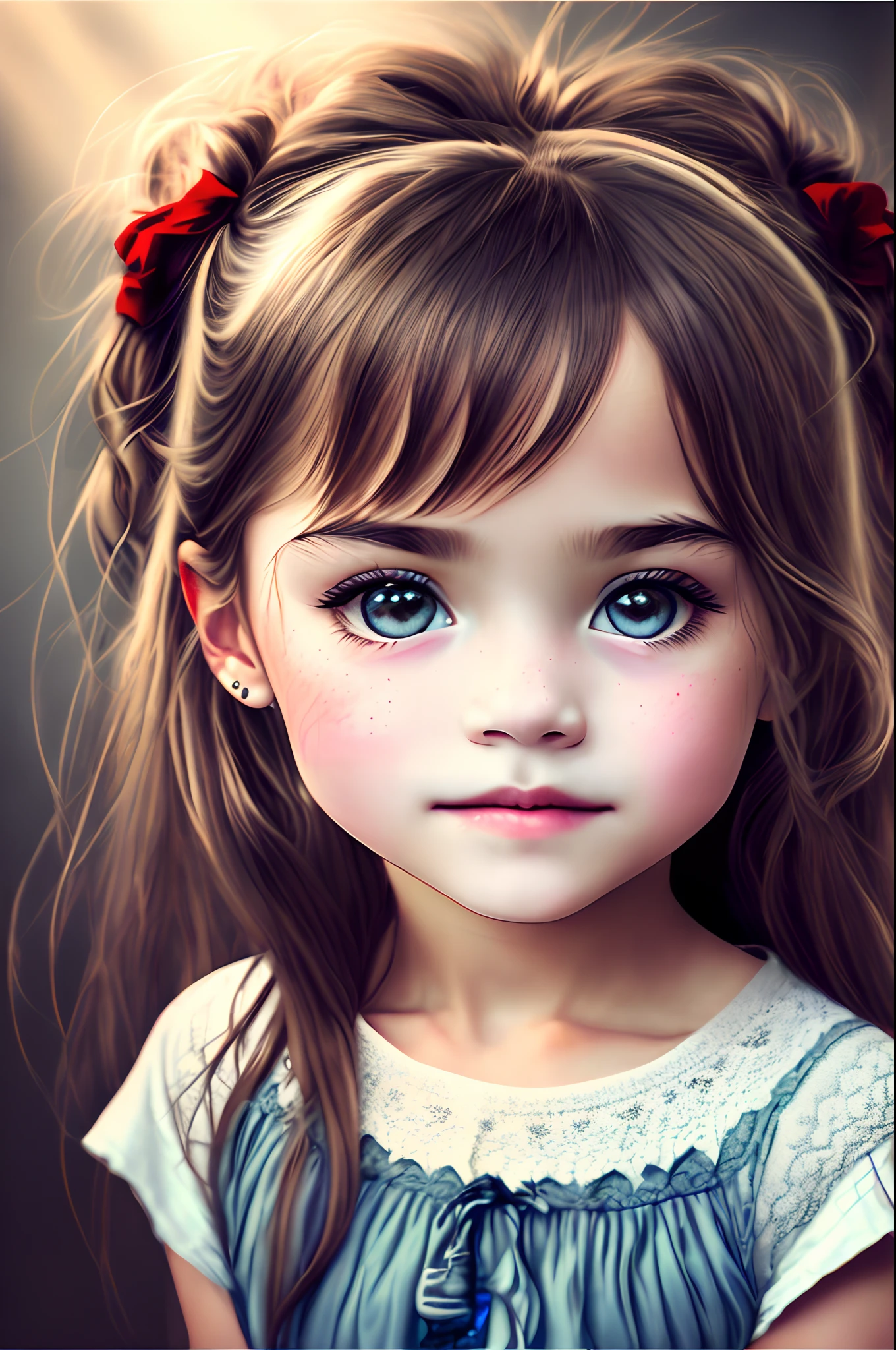 There's a digital painting of a 6-****-*** girl with blue eyes, painting digital adorable, pintura realista da menina bonito, lindo pintura digital, Pintura digital realista, Digital painting nice, stunning digital illustration, Arte Digital 4K Realista, Arte Digital 4K Realista, Beautiful digital illustration, pintura digital impressionante, Pintura digital fotorrealista, bela arte digital, realistic digital illustration, bela arte digital