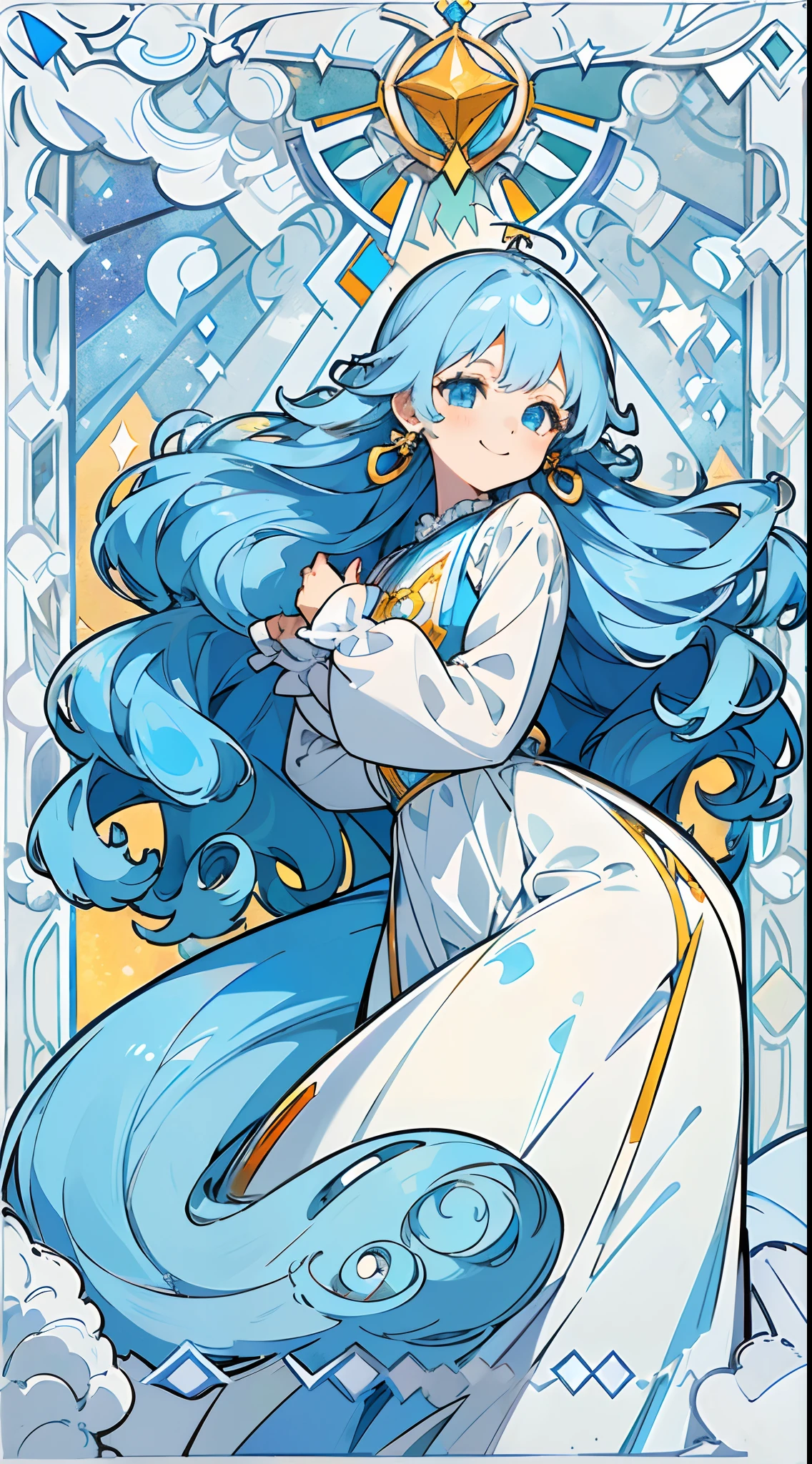 (The skin is not exposed, Long sleeve blouse with ruffles), (Solo), Very cute girl (1), Colorful arched stained glass on background, classic, sunlight shining through, ((Super long blue hair, Curled hair tips, Earring Color)), (Super smile), Dynamism, (Blue eyes), (kirakira) (Detail Objects)