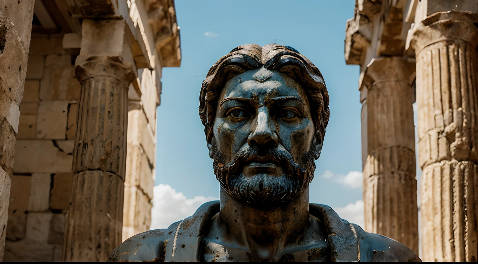 Ancient Stoic Statue With Very Angry Expression, tem barba, muitos detalhes em ambos os olhos, Outside, fundo atenas grego, open sky, com rosto extremamente detalhado full body view, Colors with low saturation with dark tone, Filmado em Sony A7S III com Sony FE 35mm f/1.8, 12.1 MP, --AR 3:2 --estilo cru