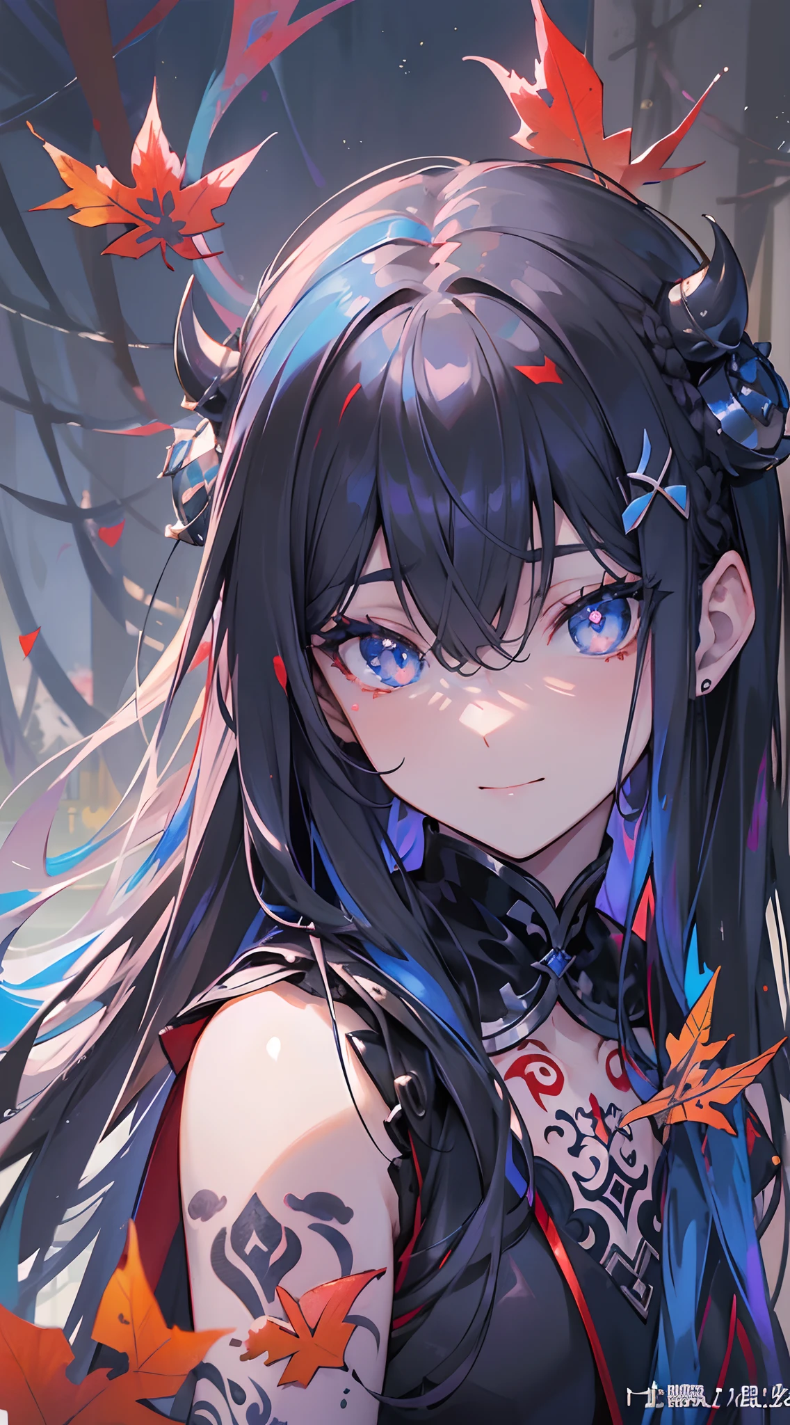 (Masterpiece, Best quality), 1girll, Solo, (pupils:1.15), 《with short black hair》, Long hair,Braided，White shiny bangs，Brown comb，Shiny hair， 《Bleak white complexion》，（Red fluorescent pattern）, curtain, Student clothes，black short skirt, Black tights，aurora, (Sunshine,, River, forest，UHR), (luminous red eyes), ((Blue eyes blue))，(((A handsome young))),  Very long hair ((Ink pattern:1.5)),Cross ed leg, highly intricate detail, Realistic light, Smile，Hyper-detailed intricate details，unreal-engine，fanciful，Complicated details，splash image，complementary colours，fantasy concept art，8K分辨率，A masterpiece of deviantart，Red deciduous leaves，Ink Phantom，bazaars，fansty world，background inside dark，Clean design，Epic Instagram，art  stations，Colorful paint splashes，contours，，(chest muscle) --au