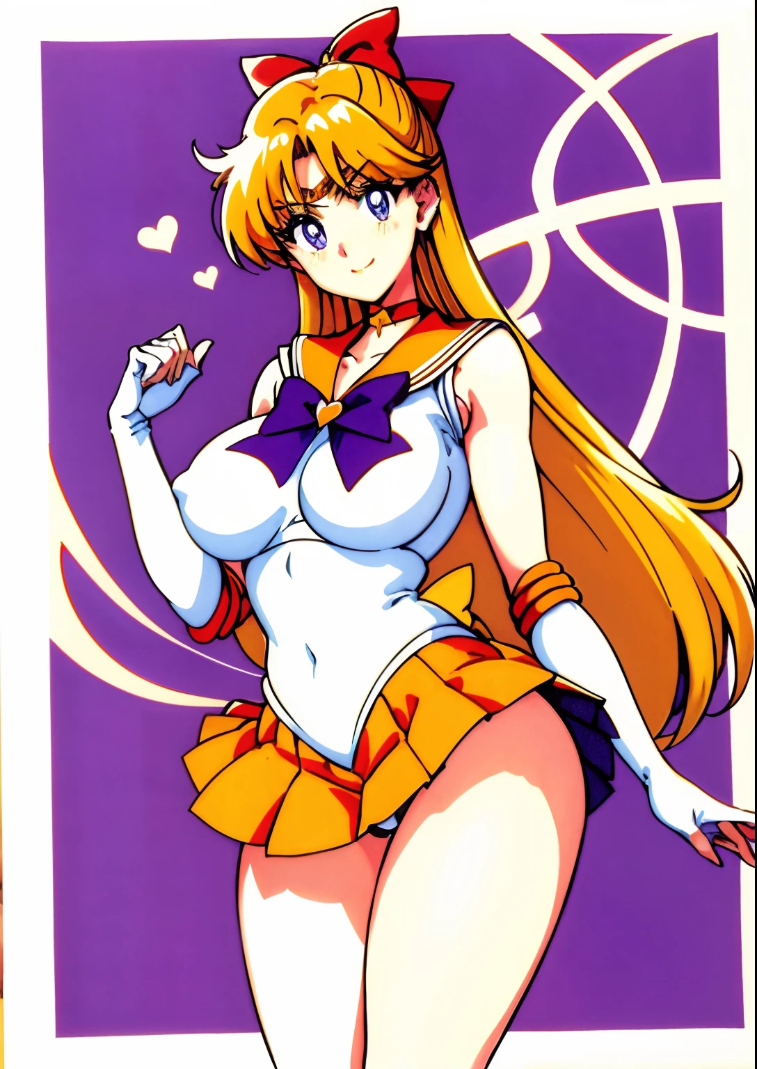 aino minako、Sailor Senshi Uniform、Anime Aunt、A MILF、a matural female、Older、age 40s、MILF、orangechoker、gold choker、elbowgloves、sailorvenus、Very long blonde woman、Orange miniskirt、Gold miniskirt、 white glove、Orange sailor collar、Gold sailor collar、solo、Woman with very large breasts、huge tit、Red ribbons、White leotard、highleg、highleg leotard、robe blanche、purple bowtie、magical little girl、耳Nipple Ring、smile、heart_background、star_background、traditional_media、jewelry、circlet、Blue-eyed woman、looking_at_viewer、shiny、Half Up Hair、mature、rating:questionable、closed_mouth、pleatedskirt、wide-hips、cowboy_shot、impossible_clothes、bangs、shiny_skin、purple_background、Woman standing、eyebrows_visible_through_hair、long legs、shiny_hair、thighs、blush、legs、rating:safe、Orange High Heels、Golden high heels、bare legs、Bare shoulders、1990's\(styles\)