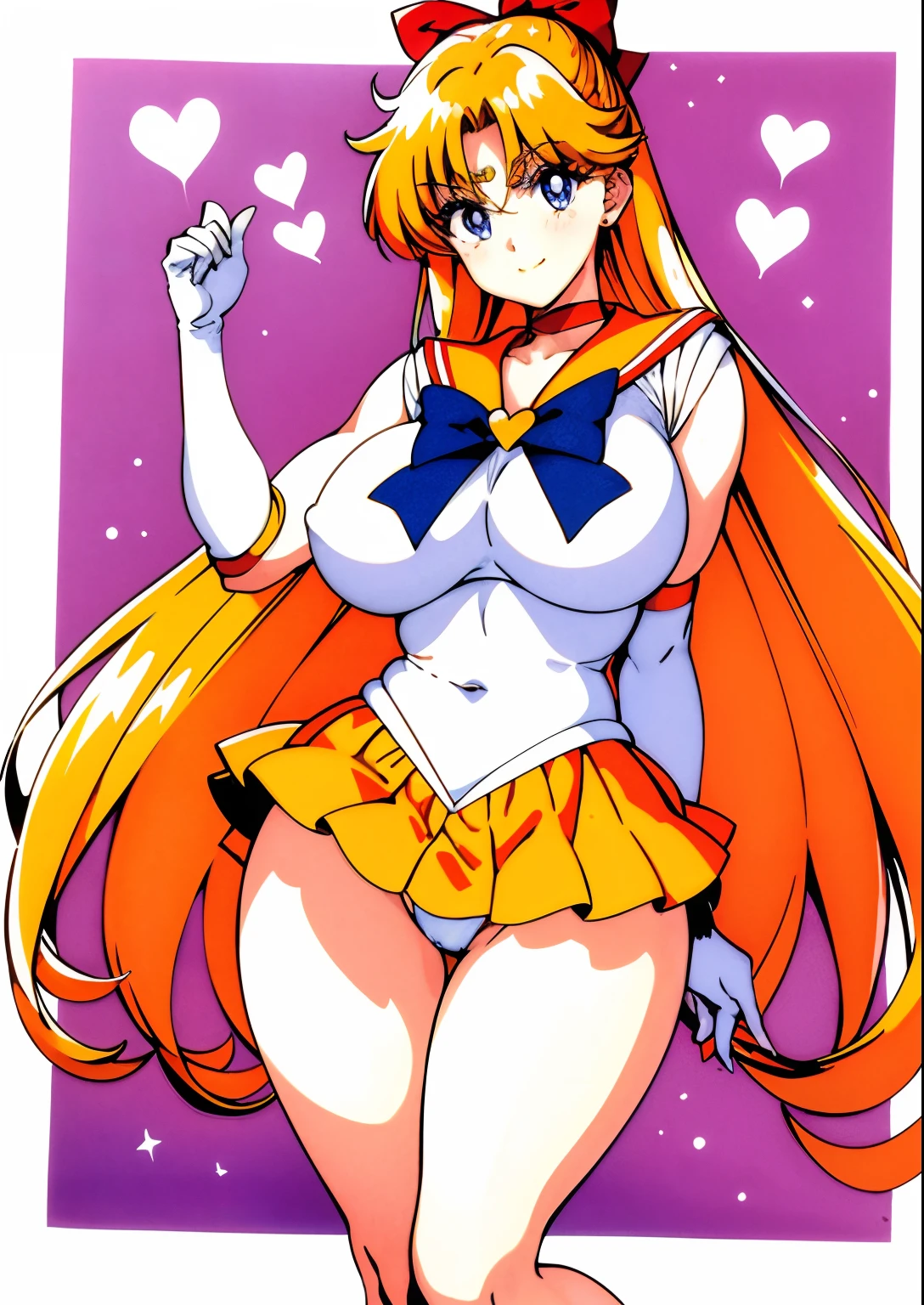 aino minako、Sailor Senshi Uniform、Anime Aunt、A MILF、a matural female、Older、age 40s、MILF、orangechoker、gold choker、elbowgloves、sailorvenus、Very long blonde woman、Orange miniskirt、Gold miniskirt、 white glove、Orange sailor collar、Gold sailor collar、solo、Woman with very large breasts、huge tit、Red ribbons、White leotard、highleg、highleg leotard、robe blanche、purple bowtie、magical 、耳Nipple Ring、smile、heart_background、star_background、traditional_media、jewelry、circlet、Blue-eyed woman、looking_at_viewer、shiny、Half Up Hair、mature、rating:questionable、closed_mouth、pleatedskirt、wide-hips、cowboy_shot、impossible_clothes、bangs、shiny_skin、purple_background、Woman standing、eyebrows_visible_through_hair、long legs、shiny_hair、thighs、blush、legs、rating:safe、Orange High Heels、Golden high heels、bare legs、Bare shoulders、1990's\(styles\)