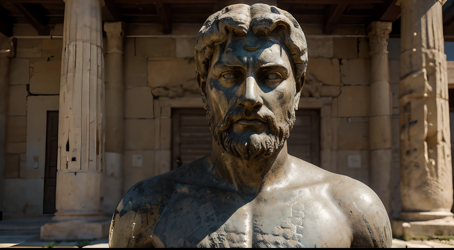Ancient Stoic Statue With Very Angry Expression, tem barba, muitos detalhes em ambos os olhos, Outside, fundo atenas grego, open sky, com rosto extremamente detalhado full body view, Colors with low saturation with dark tone, Filmado em Sony A7S III com Sony FE 35mm f/1.8, 12.1 MP, --AR 3:2 --estilo cru