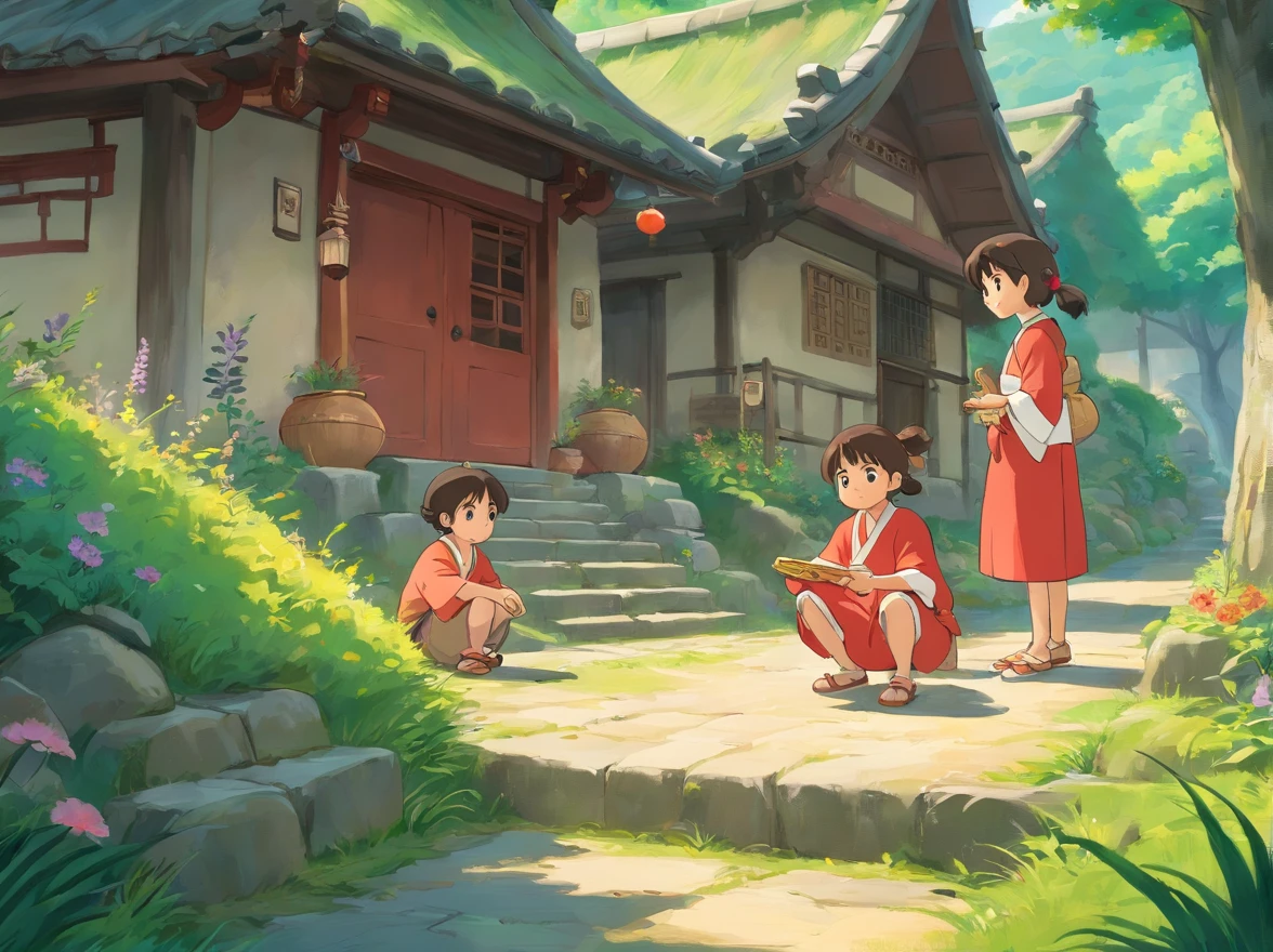 Ethnic minority villages in China，Several little boys，Several little girls，Wear traditional clothing，Have fun playing games together，There is a stone next to it，A little boy sat on a stone and looked at the others，There is soft sunlight，There are also woods and flowers next to it