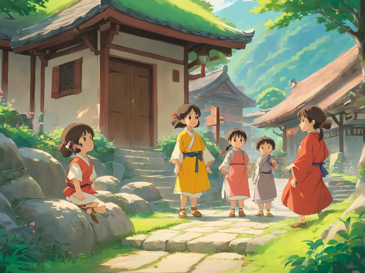 Ethnic minority villages in China,Several boys,Several little,Wear traditional clothing,Have fun playing games together,There is a stone next to it,A little boy sa stone and looked at the others,There is soft sunlight,There are also woods and flowers next to it