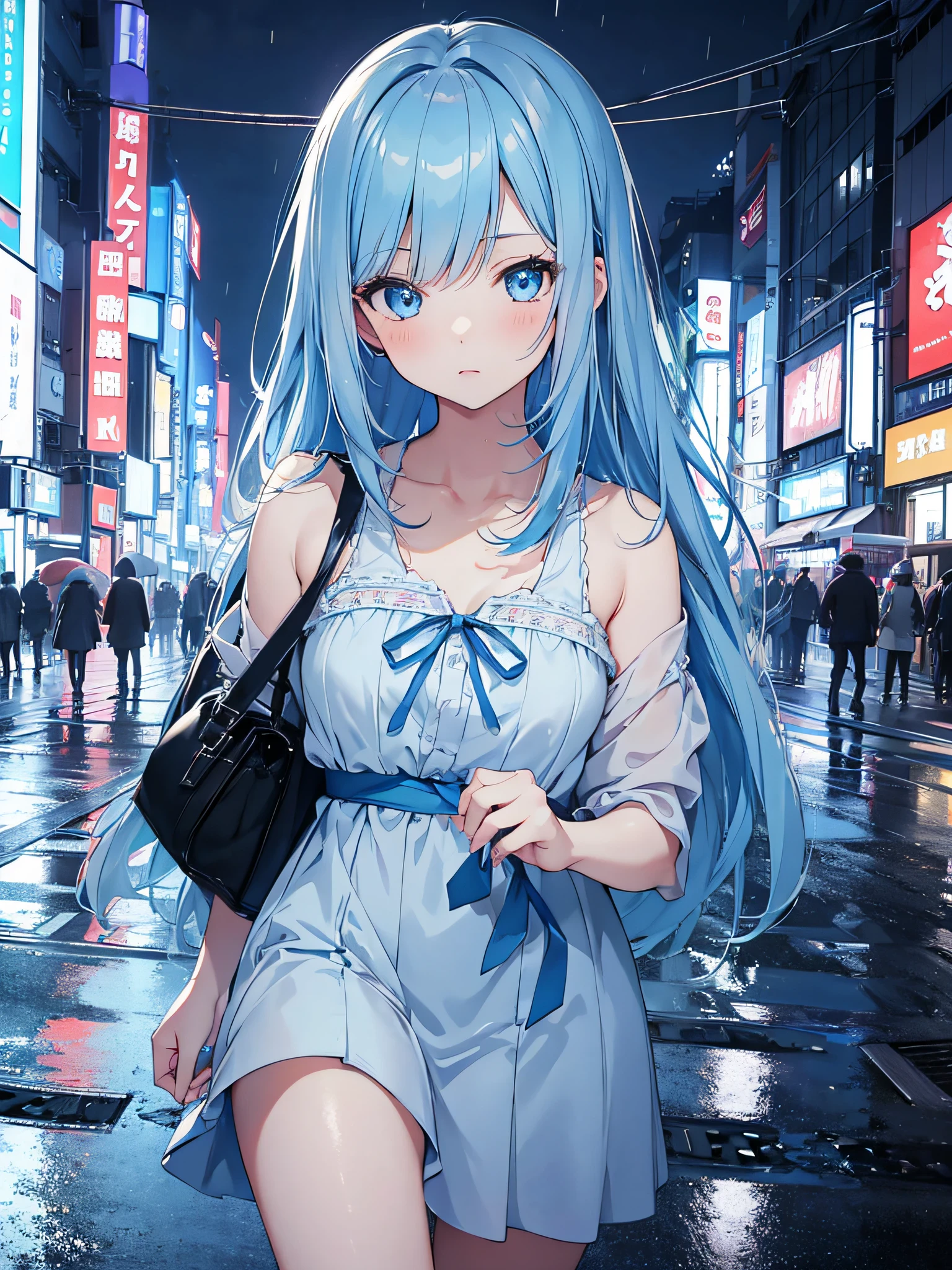 one girl. sky blue hair. blue eyes. wearing light blue dress. raining. walking in tokyo city. night time. dark lighting. ultrasharp. 8k. masterpiece. nsfw content