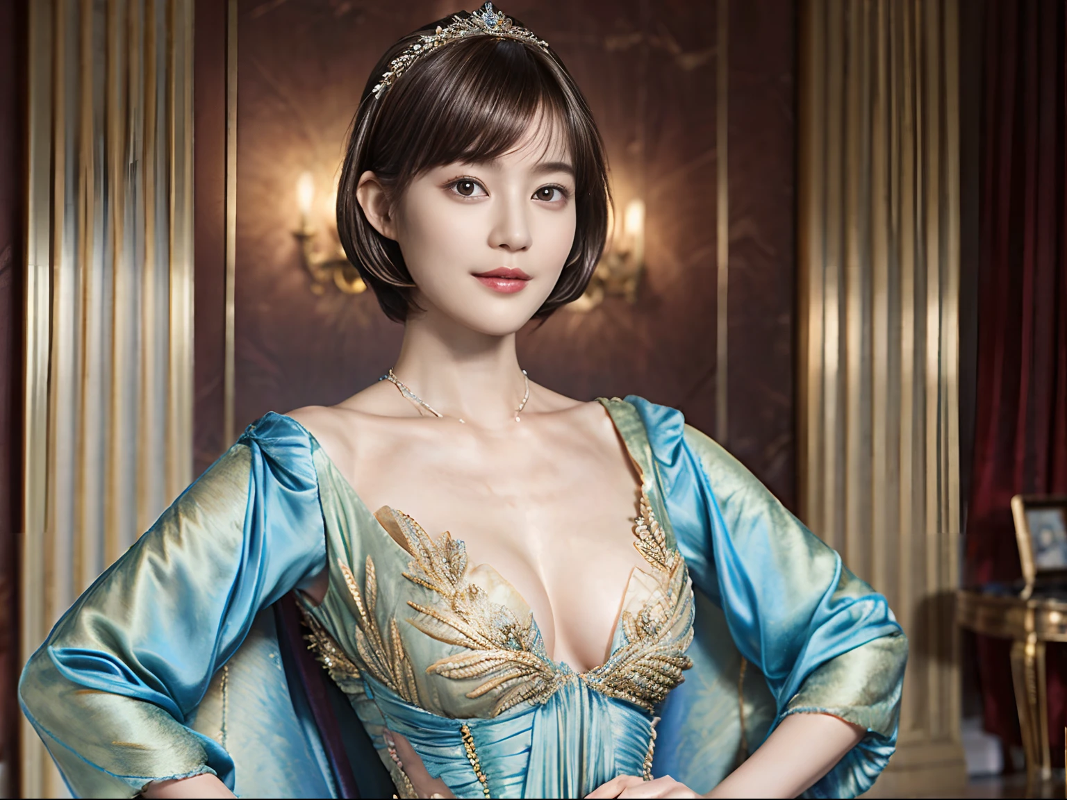 73
(20-year-old princess,is standing), (A hyper-realistic), (Masterpiece), ((short-hair:1.46)), (Silky hair), (breast:0.9), (kindly smile:0.8), lipsticks, (Luxurious dresses:1.46), Majestic palace