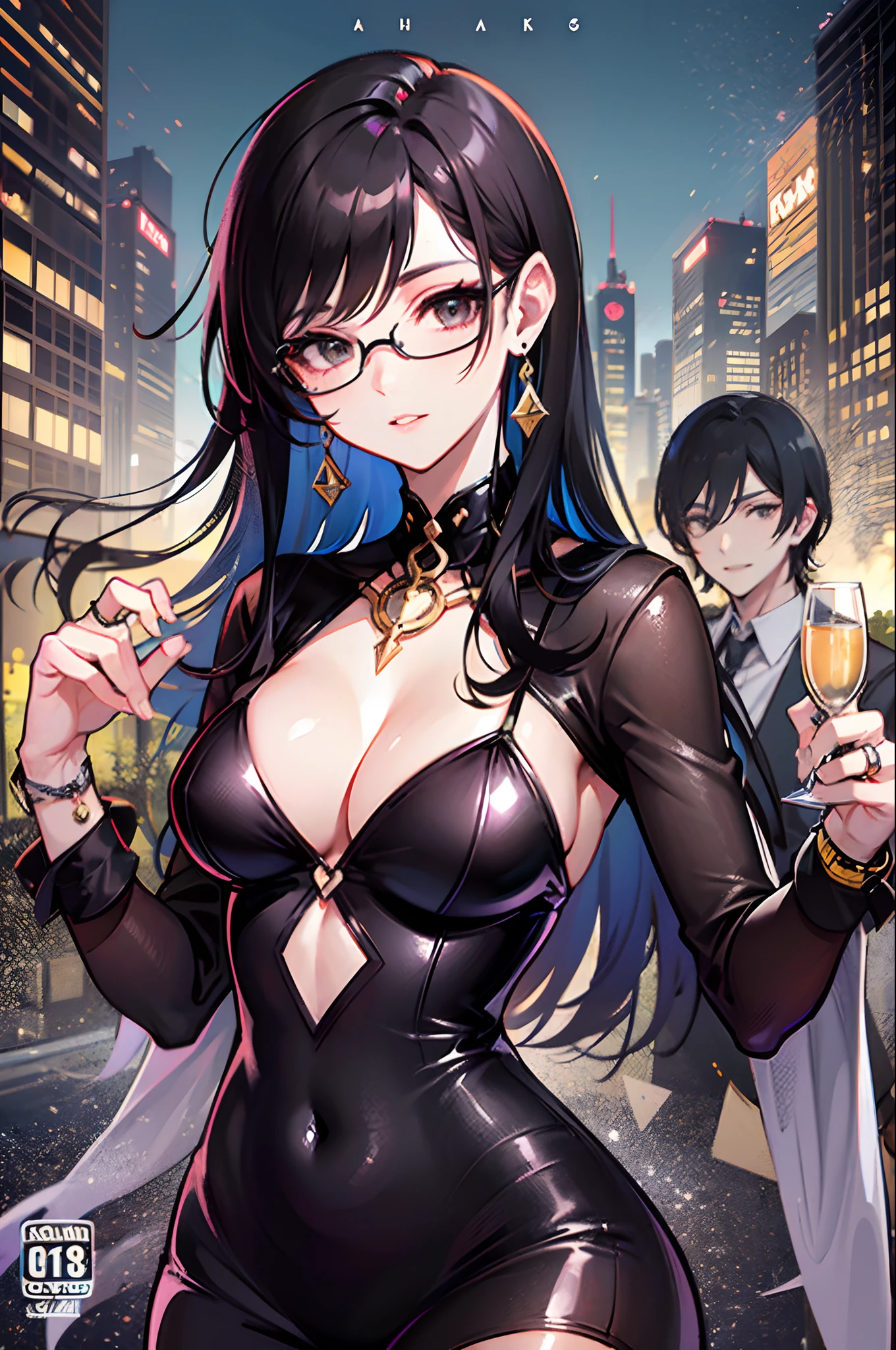 "Background: To create the atmosphere of a club, the background of the cover can be a night scene in a busy city, with illuminated skyscrapers and neon lights shining in the background. This will convey the feeling of a glamorous party, containing the character and the others in a VIP area, box. Main character: Place the Italian gangster in the center of the cover, with a confident and elegant pose. He can be wearing a jacket, with jewelry around his neck. Add jewelry such as watch and rings on his fingers as details. Make sure to highlight his black beard and black hair and dark brown eyes, highlighting his distinctive and charming appearance. Surrounded by women and champagne: Position some women around the gangster, dancing or interacting with him. They can be dressed in glamorous clothes and holding glasses of champagne, adding a touch of luxury to the cover. Extra details: Add interesting visual elements, include musical notes, money and jewelry --auto --s2