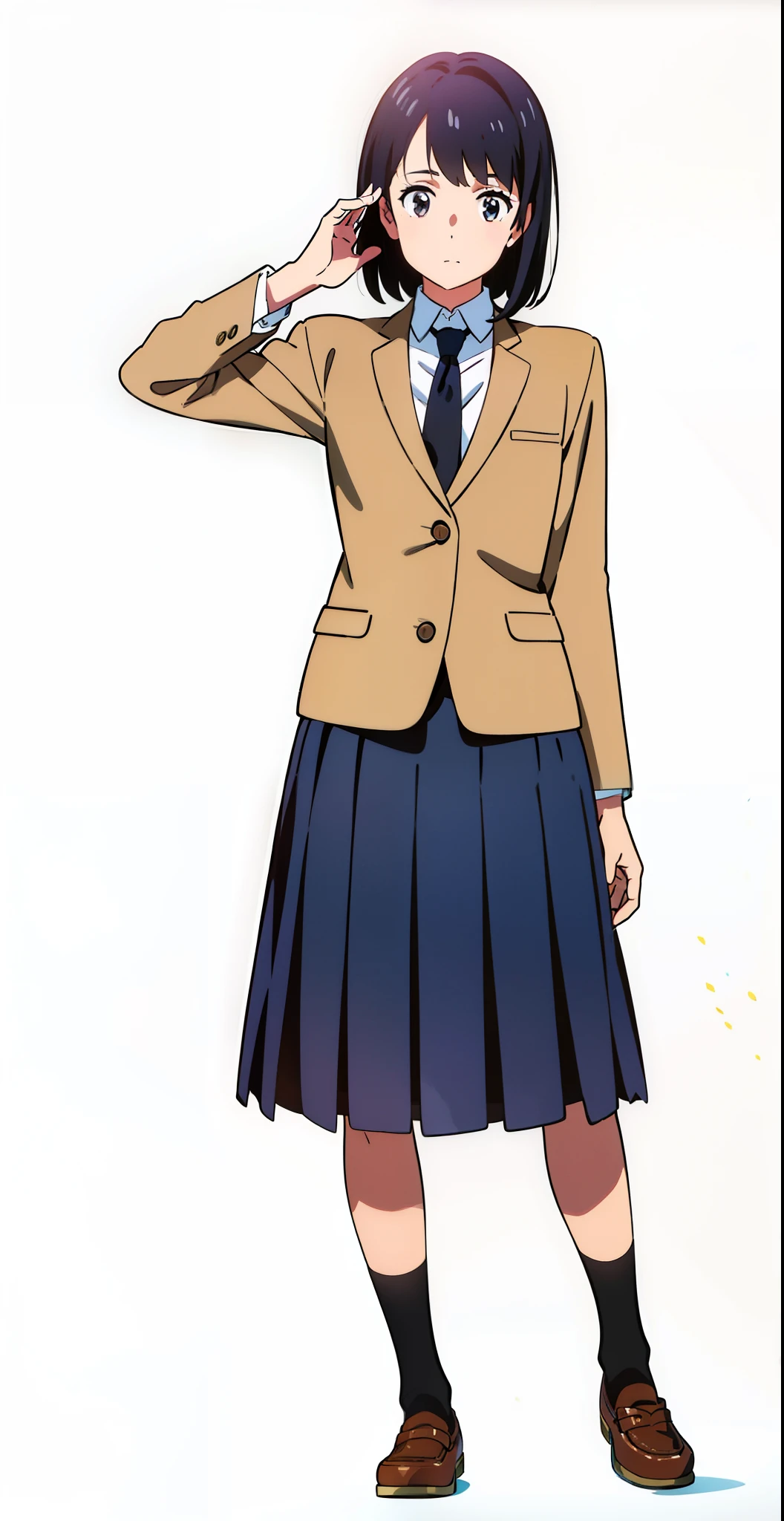 (raise arm:1.0), (white background:1.1), (best quality:1.1), (masterpiece:1.1), (full body:1.0), (solo:1.0), (a 18yo cute girl:1.0), (long skirt:0.9), (dark blue skirt:1.0), (pleated skirt:1.0), (school uniform beige blazer:1.0), (dark blue necktie:1.0), (black socks:1.0), (loafers:1.0), (lanky:1.1), (tall:1.1), (slender:1.1), (small breasts:1.1), (detailed beautiful eyes:1.0), (detailed beautiful face:1.0), (glowing black eyes:1.0), (short hair:1.0), (strait hair:1.0), (black hair:1.0)