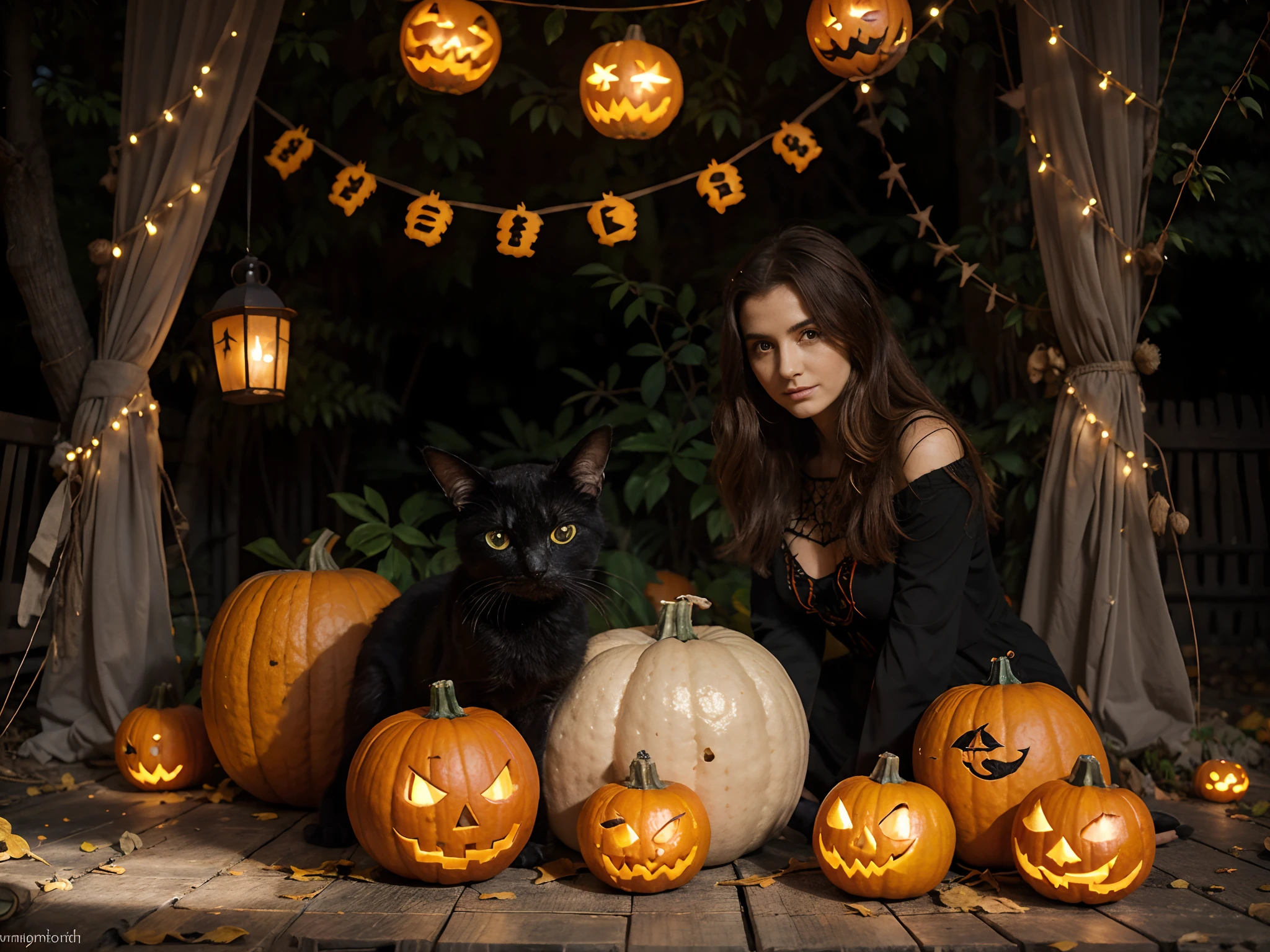 Photo haute definition, spider web decoration, Spider Decoration, Skeleton Decoration, village de citrouilles futuriste, Maisons de citrouilles, colourfull, soleil, rue, Colored pumpkin festival tape, Colorful Forest, Colorful Trees, spider, spider, squelette, squelette, chat noir, hyper realistic, citrouille seulement 2 yeux et une seule bouche, et uniquement 2 trous de narines , animaux, horeur, esprit, fantome