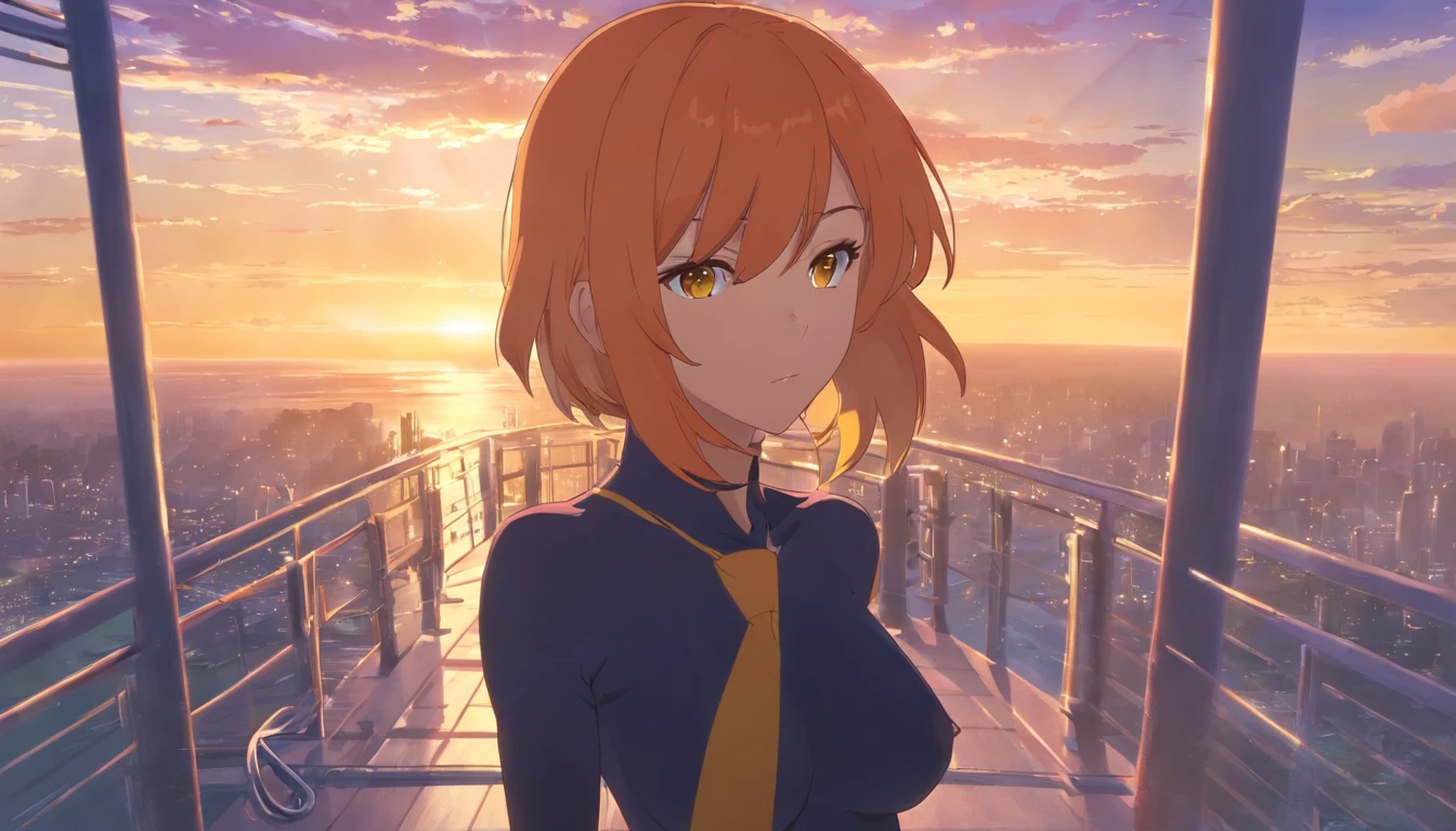 1 female、Orange hair、huge tit、Huge ass、Black full-length tights、yellow  eyes