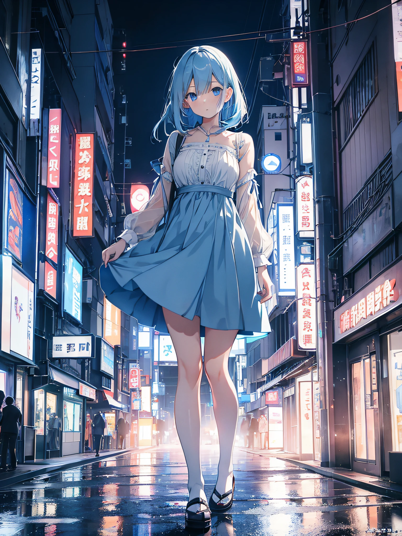 one girl. sky blue hair. blue eyes. wearing light blue dress. raining. walking in tokyo city. night time. dark lighting. ultrasharp. 8k. masterpiece