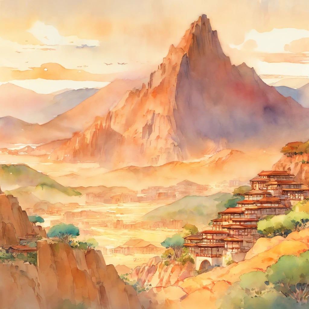Watercolor of a mountain and a village in the desert by James Jane, John William Waterhouse, Gustav Klimt, Frank Lloyd Wright.