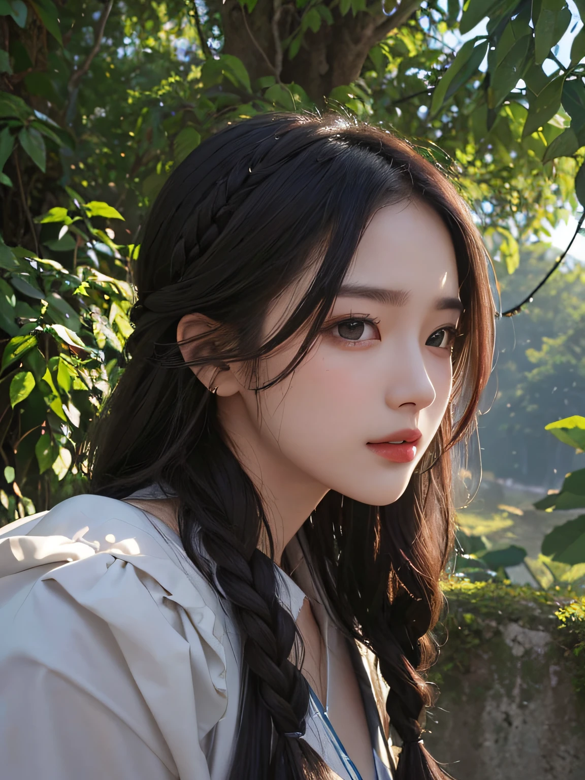 ​masterpiece、The highest image quality、hightquality、Beautuful Women、japanes、Popular Korean Makeup、detaileds、Swollen eyes、A detailed eye、Detailed skin、Beautiful skins、超A high resolution、(Realistis:1.4)、very extremely beautiful、Slightly younger face、Beautiful skins、Thin、(A hyper-realistic)、(illustratio)、(hight resolution)、(8K)、(ighly detailed)(The best illustrations)、(beautifully detailed eyes)、(ultra-detailliert)、(wall-paper)、(详细的脸)、looking at the viewers、fine detailed、 A detailed face、pureerosfaceace_v1、A smile、Looking straight ahead、Looking straight ahead、angle from waist up、photos realistic、Bright lighting、profetional lighting、A dark-haired(Some greenery)、length hair、french braids、Dark ruins、Big Red Moon、Black Gothic Costume