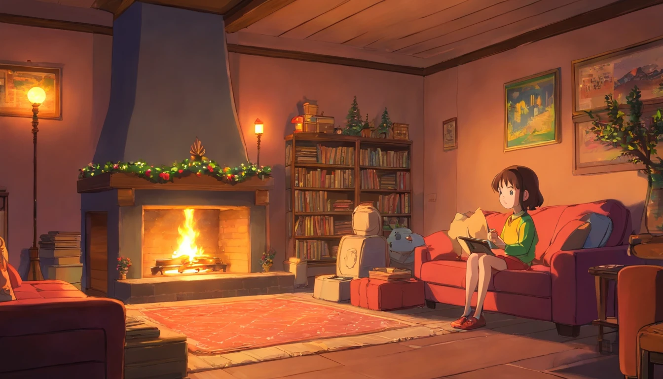 superflat, flat shading, flat colors, masterpiece, best quality,, 1girl, 10yo, loli, petite, flat chest, sitting in chair, reading book, white bra, white panties, christmas tree in background, room, warm, cozy, fireplace, evening, dark, christmas lights, vibrant colors, watercolor, ghibli style