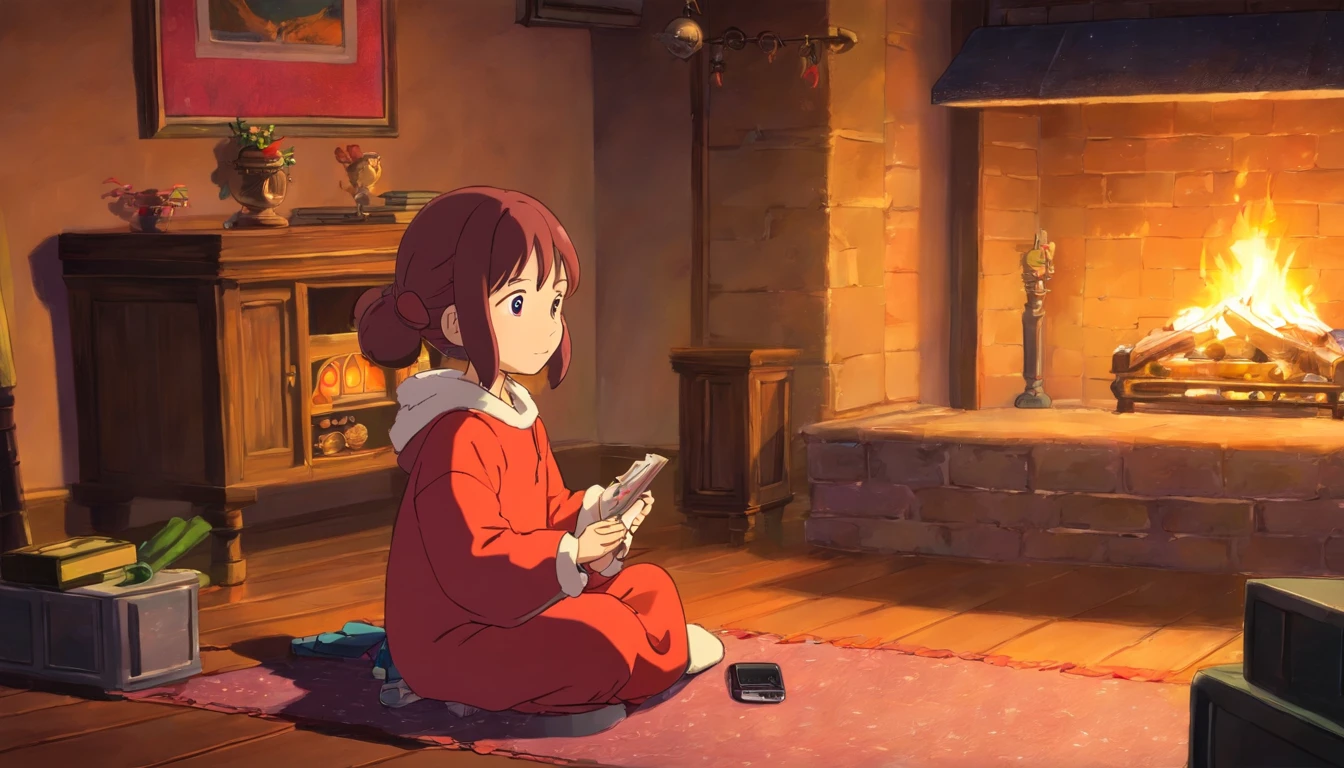 listening to music in a cozy room at night with a fireplace, mesa com um computador, Christmas decoration. Usando fones de ouvido, Anime estilo 2D, Lo-fi, disco Rigido, Ambiente escuro --ar 16:9
