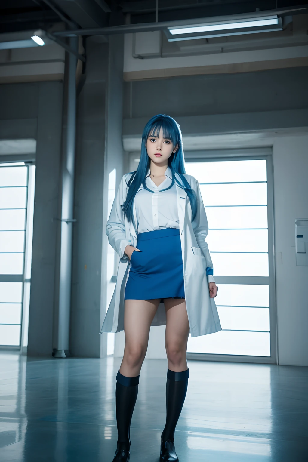 Masterpiece, Best quality, High quality, A high resolution, 1girll, Solo, Aqua (konosuba), Blue hair, Long hair, Blue eyes, White shirt ,long labcoat, black office skirt, upper legs, full bodyesbian, standing, Hands in pockets, Bored, Depth of field, Laboratory,