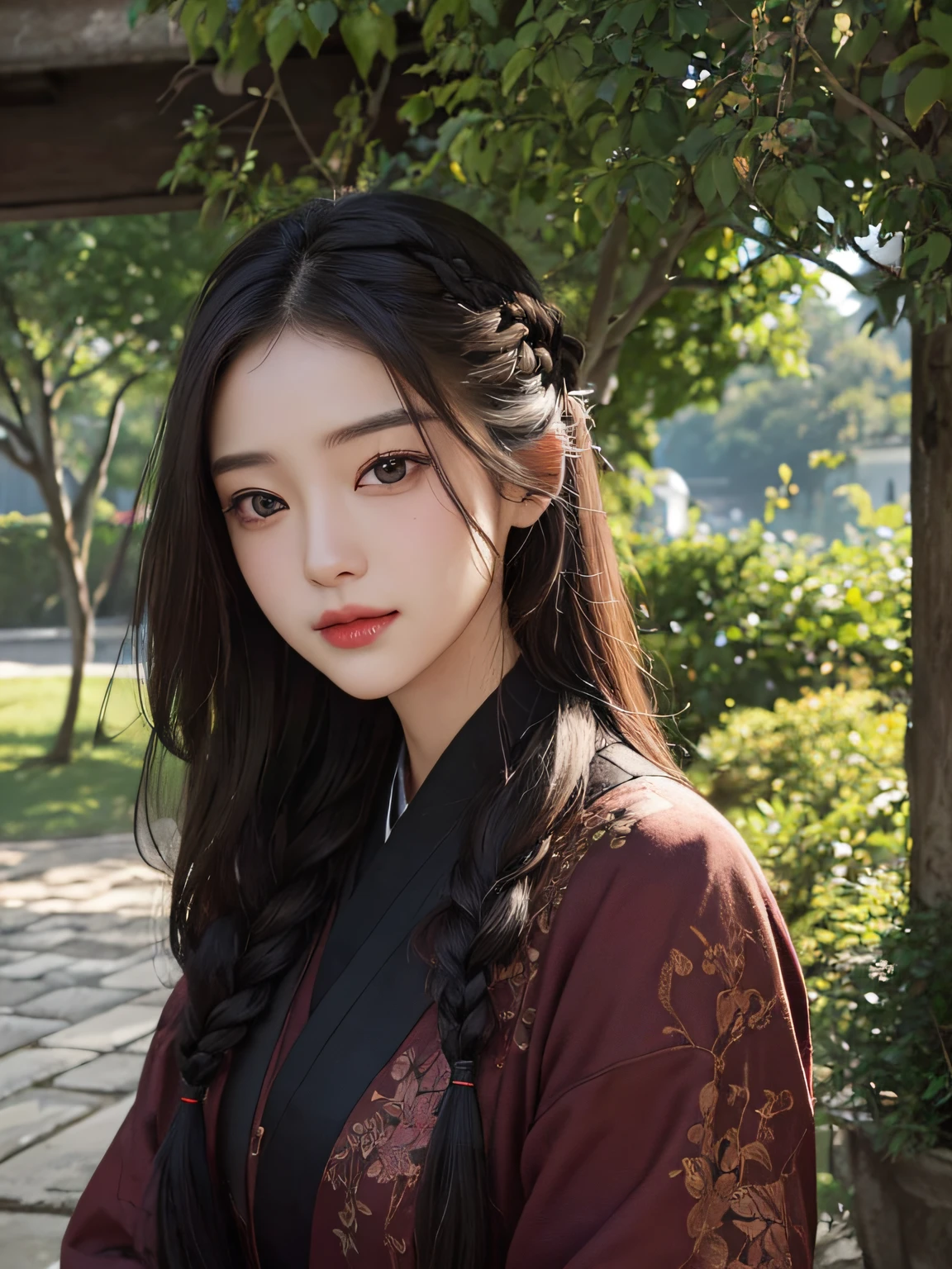 masterpiece、The highest image quality、hightquality、Beautuful Women、japanes、Popular Korean Makeup、detaileds、Swollen eyes、A detailed eye、Detailed skin、Beautiful skins、超A high resolution、(Realistis:1.4)、very extremely beautiful、Slightly younger face、Beautiful skins、Thin、(A hyper-realistic)、(illustratio)、(hight resolution)、(8K)、(ighly detailed)(The best illustrations)、(beautifully detailed eyes)、(ultra-detailliert)、(wall-paper)、(详细的脸)、looking at the viewers、fine detailed、 A detailed face、pureerosfaceace_v1、A smile、Looking straight ahead、Looking straight ahead、angle from waist up、photos realistic、Bright lighting、profetional lighting、A dark-haired(Some greenery)、length hair、french braids、Dark ruins、Big Red Moon、Black Gothic Costume