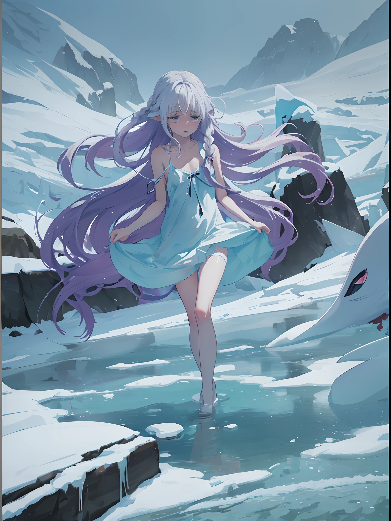 white skin, flat chest, empty eyes, crying, [transparent clothes], snow, "In the chilling Arctic winter, a small petite teen anime girl, flat chest, portrayed in the distinctive style of Japanese anime, stands knee-deep in the icy water, She has very long, messy white hair that is braided like the tentacles of an octopus but still made of human hair, and she wears only a thin dress with spaghetti straps, amidst the frozen waters and snow. Her demeanor suggests she was sad and crying