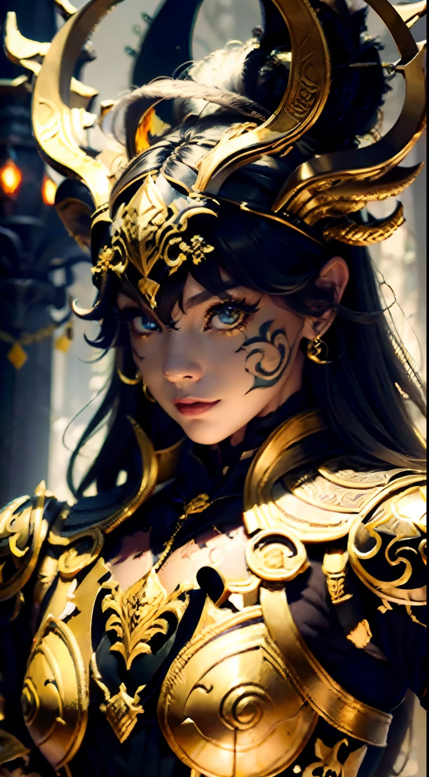 (Masterpiece), Top quality, Expressive eyes, Perfect face, Smooth skin, tribal tattoos, Goat Girl, goat horn, punky style, Super plump, Tight overalls, Tight-fitting gold and red gradient armor, 8K_the wallpaper, eye detailed, Body details,  Finger details, (Digital artwork), (Caricature illustration details), (Line art details), ((Perfect)) parfect anatomy, best hand)), (finedetail:1.3), (highly details:1 ,3), (  illustration :1 , 3 ), (Sharp focus:1,3), (Natural light:1,05), (Light color:1,3), Wild forest background,