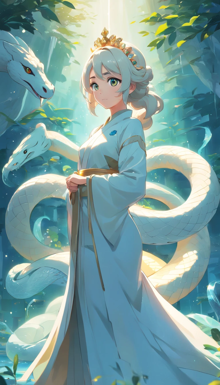 Super cute anthropomorphic white snake in Pixar style, Wearing Hanfu and Crystal Crown, Standing, charming big eyes, nice tail, Standing, Surreal, Super fine, Luxurious, elegant standing, charming big eyes, nice tail, Standing, Surreal, super detailed, Luxurious, Elegant, with an intricate, Gorgeous, illusion engine, Octane Rendering, 8K, Freissurrealism