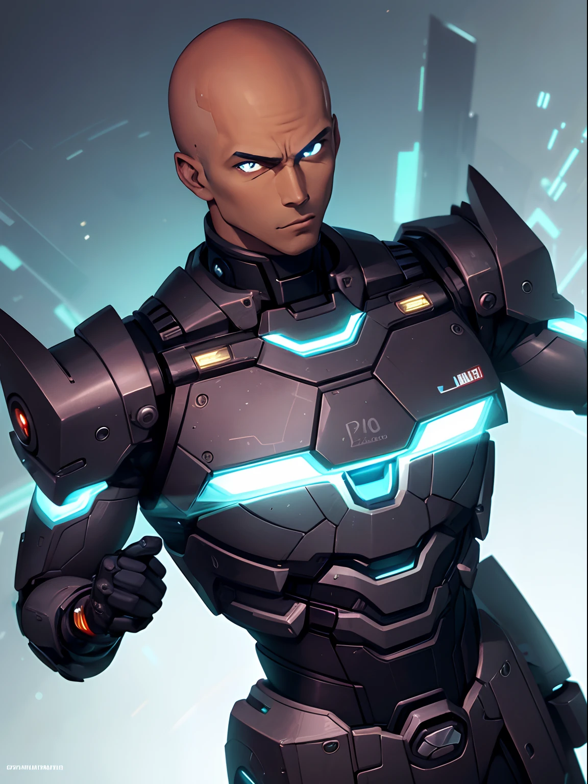 30 year old male character. This character is bald and has brown skin. Much of his body is mechanical, making him resemble a cyborg. He uses technological weapons in his battles. His personality is that of someone who is very confident in his abilities and knowledge, even sometimes being arrogant, but he has a good heart.