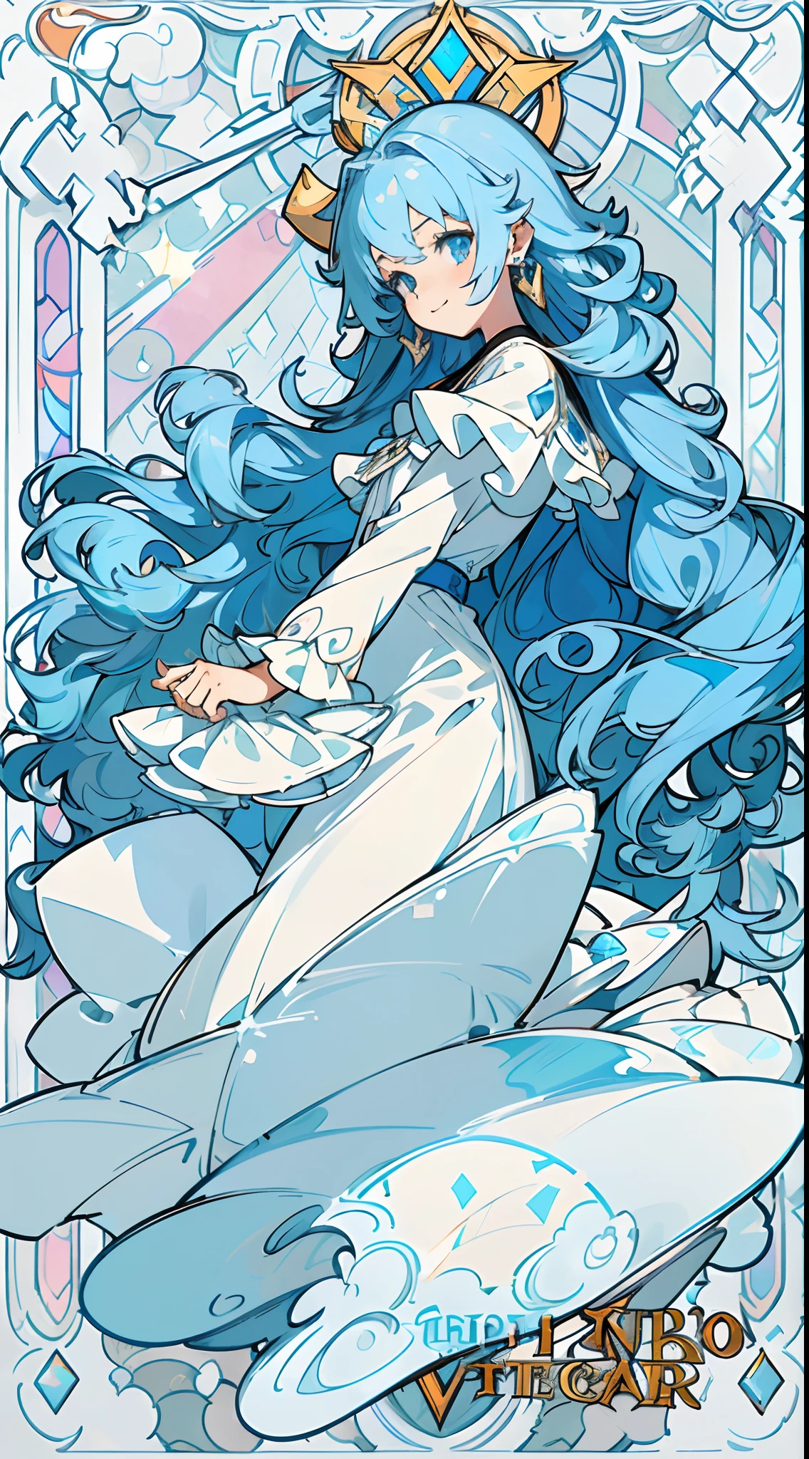 (The skin is not exposed, Long sleeve blouse with ruffles), (Solo), Very cute girl (1), Colorful arched stained glass on background, Classic, Rosa,caltrop,sunlight shining through, ((Super long blue hair, Tips for curled hair, Earring Color)), (Super smile), Dynamism, (Blue eyes), (kirakira) (Detail Objects)