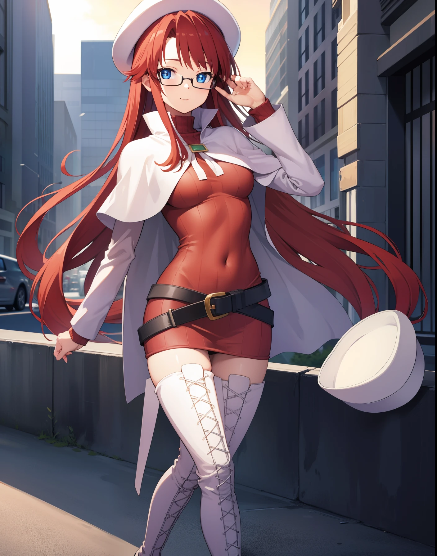 summonnightaty, aty, long hair, blue eyes, red hair, beret, hat, glasses,
BREAK long hair, thighhighs, hat, dress, boots, glasses, belt, cape, sweater, zettai ryouiki, beret, thigh boots, white footwear, ribbed sweater, loose belt,,
BREAK looking at viewer,
BREAK outdoors, city,
BREAK (masterpiece:1.2), best quality, high resolution, unity 8k wallpaper, (illustration:0.8), (beautiful detailed eyes:1.6), extremely detailed face, perfect lighting, extremely detailed CG, (perfect hands, perfect anatomy),covered_nipples,covered_navel,light_smile,dynamic_posing,half_eyes,
