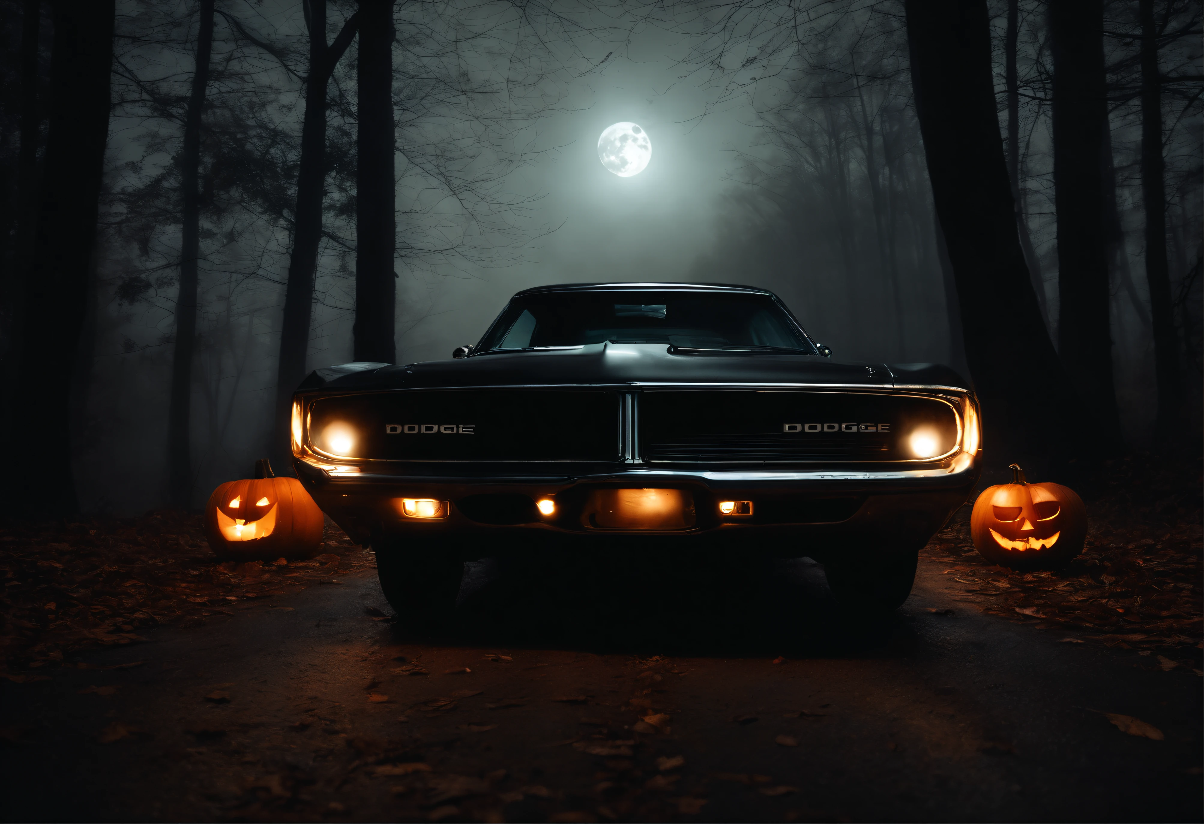 straight from the front view, low angle, dodge muscle car, four glowing headlights, the are headlights are scary and glowing halloween pumpkins, empty car, tinted windows, night time, abandoned forest road, silhouettes of trees, spooky, misty, spiderweb, star sky and full moon, light cloud veils
