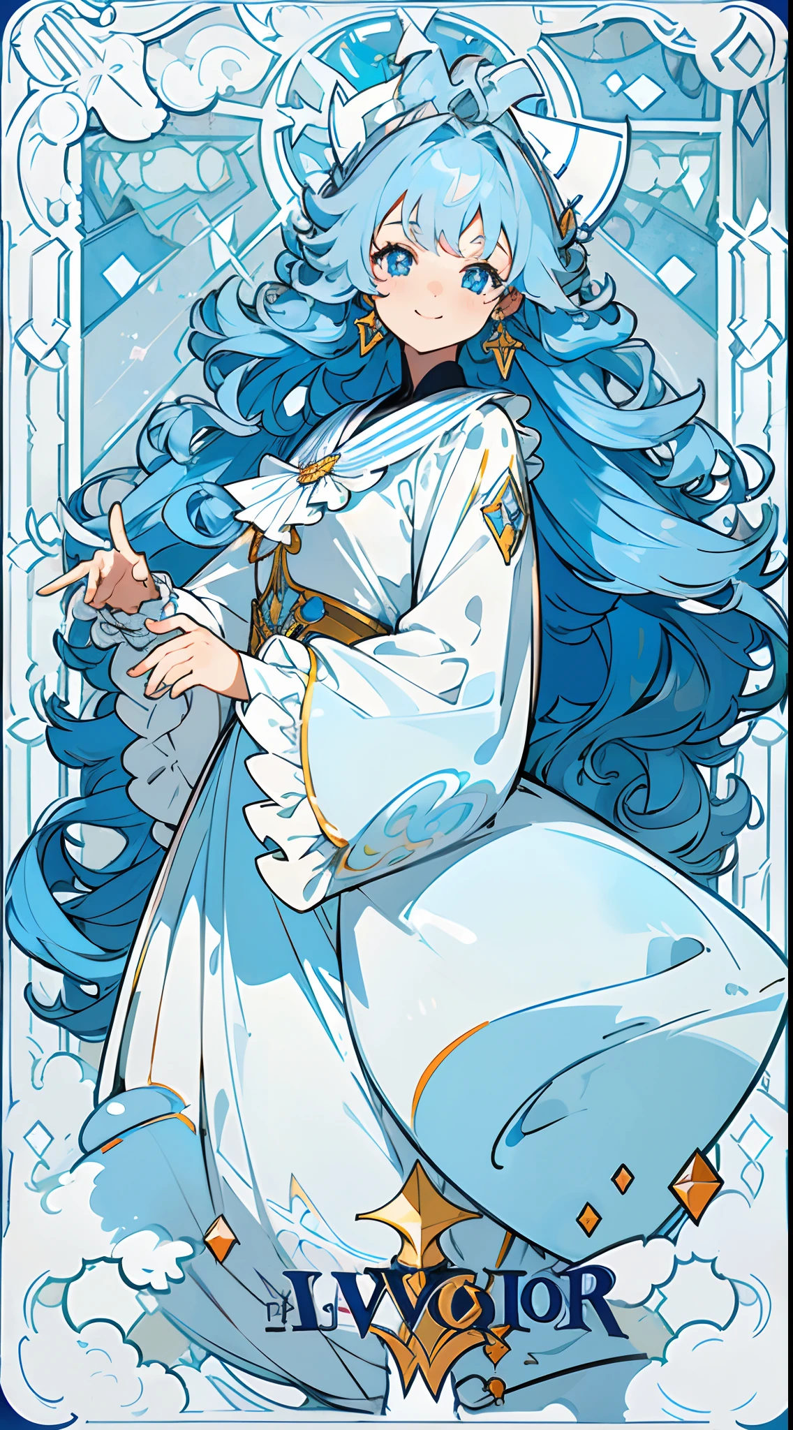 (The skin is not exposed, Long sleeve blouse with ruffles), (Solo), Very cute girl (1), Colorful arched stained glass on background, Classic, Rosa,caltrop,sunlight shining through, ((Super long blue hair, Tips for curled hair, Earring Color)), (Super smile), Dynamism, (Blue eyes), (kirakira) (Detail Objects)