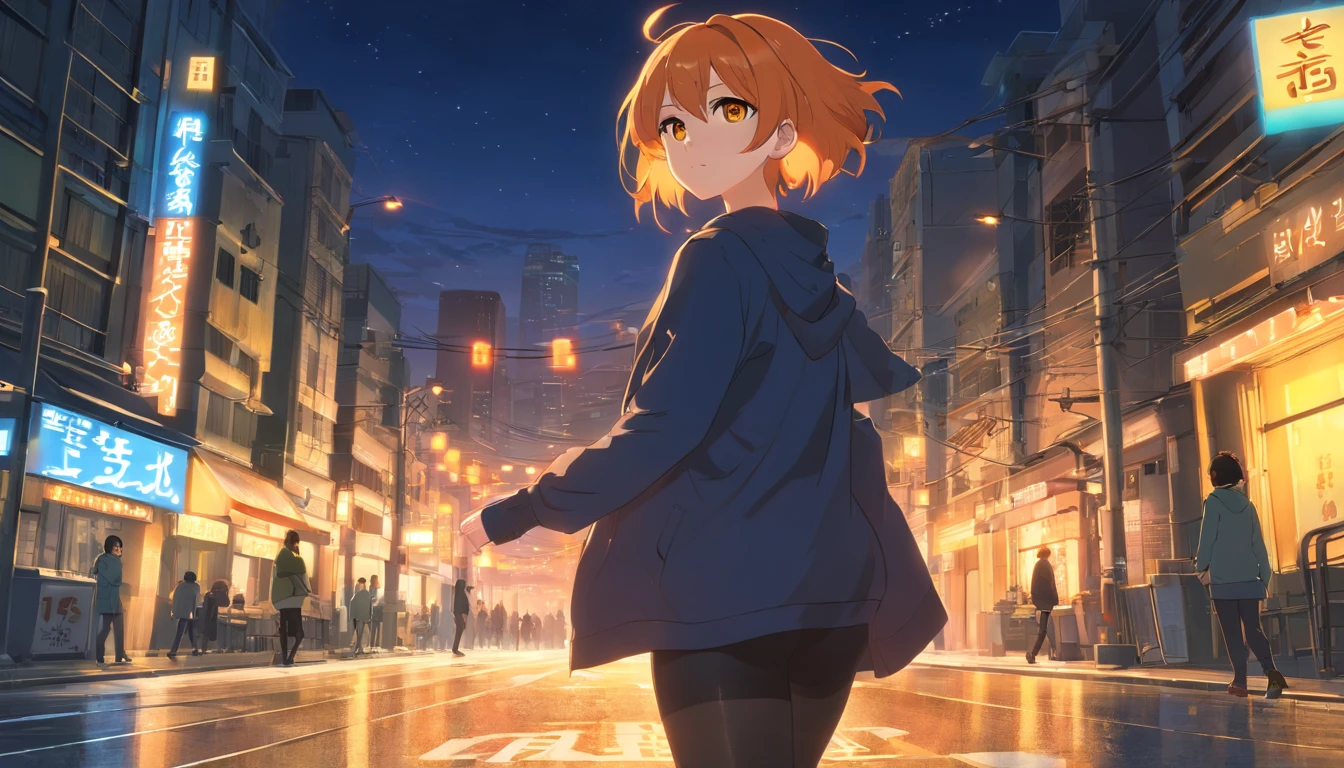 1 female、Orange hair、Huge、Huge ass、Black full-length tights、yellow eyes、Street corner at night